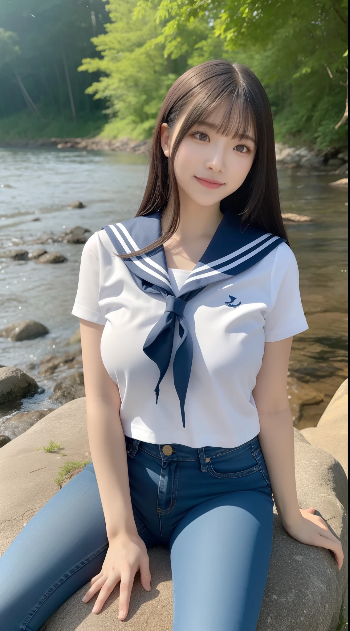 a pregirl，horse tailed，Large breasts, ssmile, looking at viewert, sailor uniformm,skintight jeans, athletic sneakers，photore, realisticlying, Best quality at best, employee, 详细的脸, Sitting on a large rock in the woods by the river, diffuselighting, depth of fields, Background bokeh