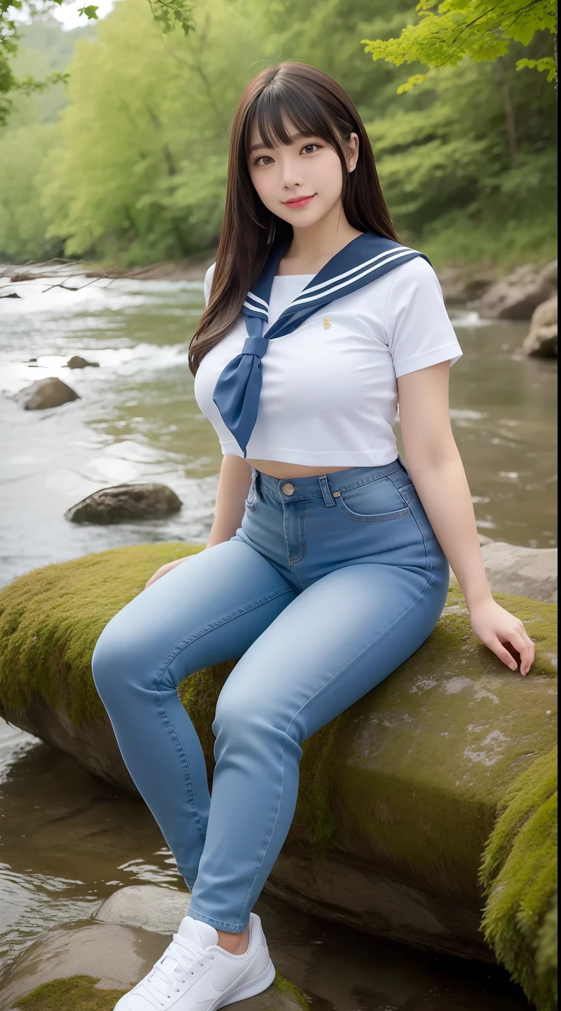 a pregirl,horse tailed,Large breasts, ssmile, looking at viewert, sailor uniformm,skintight jeans, athletic sneakers,photore, realisticlying, Best quality at best, employee, 详细的脸, Sitting on a large rock in the woods by the river, diffuselighting, depth of fields, Background bokeh