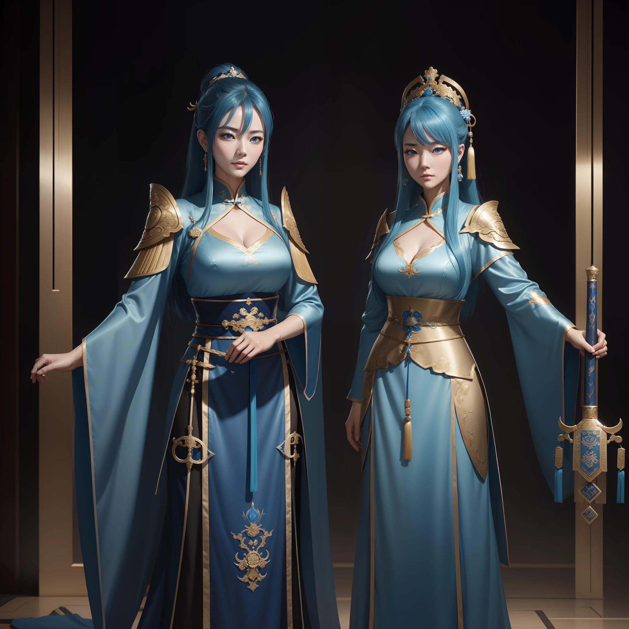 a close up of a short woman in her 30's, with blue eyes and ocean blue hair, wearing a blue and black gown dress, a chinese empress with blue eyes, female swordswoman, chinese princess, standing in a chinese temple, new costume concept design, in the style of blade and soul, full body character concept, detailed character design, inspired by Yang Jin, inspired by Li Mei-Shu, lunar themed attire, costume with gold accents, inspired by Ju Lian, colored concept art, highly detailed character design, highly detailed face, inspired by Ai Xuan, very highly detailed face, unreal engine render, final fantasy 14 style