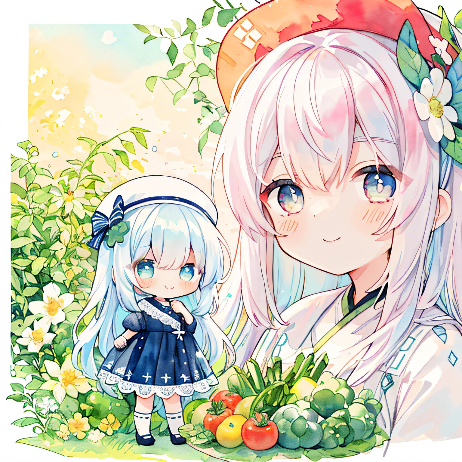 (PastelColors:1.3)、(Cute illustration:1.3)、(watercolor paiting:1.1)、,(Chibi:1.1)
Detailed background、1girl in、Open your mouth and smile、Beautifully detailed、Moya、colourfull、marble、Particles of light、patterns、
Detailed drawing、Vibrant colors、striking contrast、intricate detailes、Delicate depiction、Luminescent、full body Esbian、From the side、Beautiful facial features、Brightly colored eyes、Wearing intricate and delicate ornaments、glowing aura、Radiant hair,Illuminated by the morning light、 Very delicate and beautiful,sharp and strong shiny eyes, Magenta eye color, Smiling, Dress, knee sox, Lace, hat woven from straw,、Farmland、 Standing, Plenty of summer vegetables, (Harvesting summer vegetables)