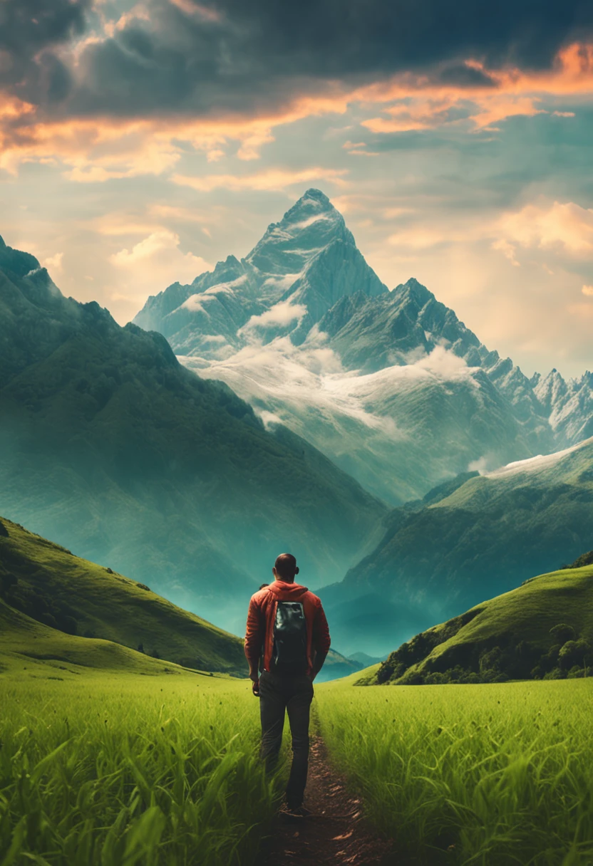 a man standing on top of a lush green field next to a mountain covered in clouds and a giant mountain in the background, landscape, by advntr