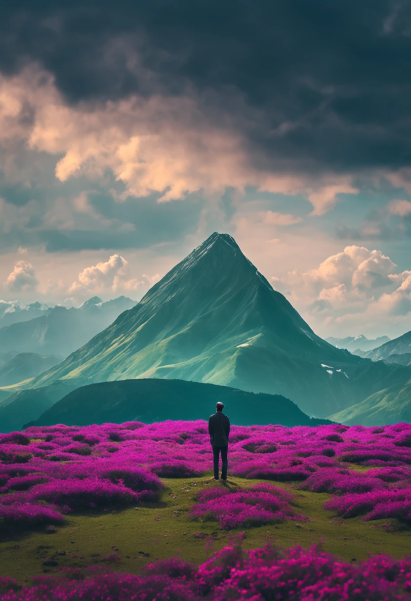 a man standing on top of a lush green field next to a mountain covered in clouds and a giant mountain in the background, landscape, by advntr