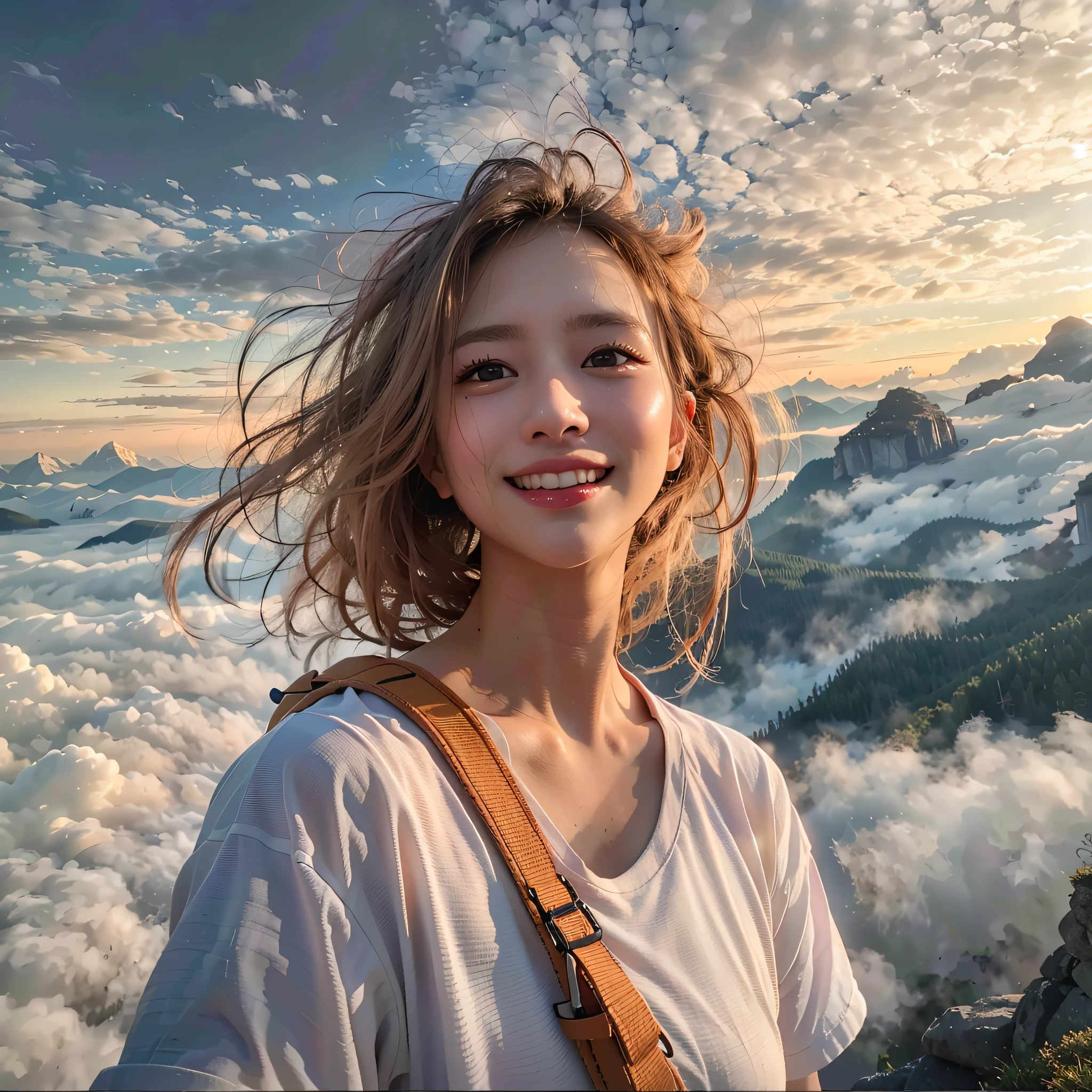 (Best Quality, hyper realistic:1.2), Magnificent mountain, sea of clouds, A clear sky, Fantastical, A woman watching the sunset, go pro,  ((UPPER BODY)), white t-shirts, Trekking shorts, trekking boots, rucksack,  (ultra delicate face, ultra Beautiful fece, ultra delicate eyes, ultra detailed nose, ultra detailed mouth, ultra detailed facial features), Beautie, 18year old, Smiling happily