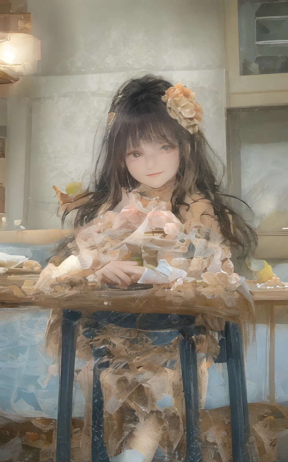 Top Quality, 8K, 4K, High Definition, Details Beautiful round glasses girl, black haired girl, eating lunch, kitchen, Japanese style costume, Taisho roman,