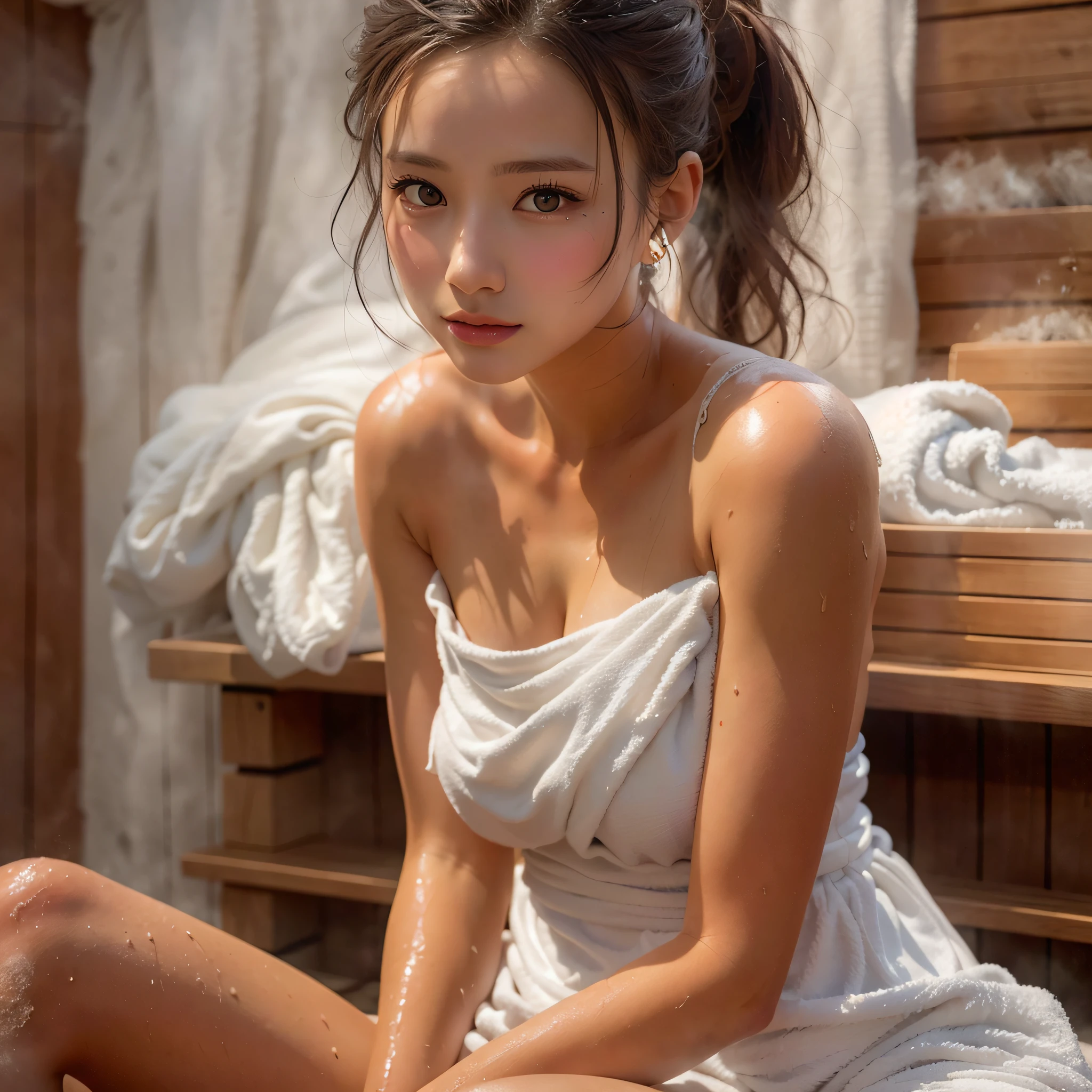 (REALISTIC:1.2), Beautiful Woman, 1 Woman, small breasts:1.2, Slender Body:1.1, ((sauna)), (Wet Body), (white big size towel dress strapless):1.3, (ultra delicate face, ultra Beautiful fece, ultra delicate eyes, ultra detailed nose, ultra detailed mouth, ultra detailed facial features), (hair bun, single braid, dark brown hair), sitting on, Perfectly realistic body, Bright lighting