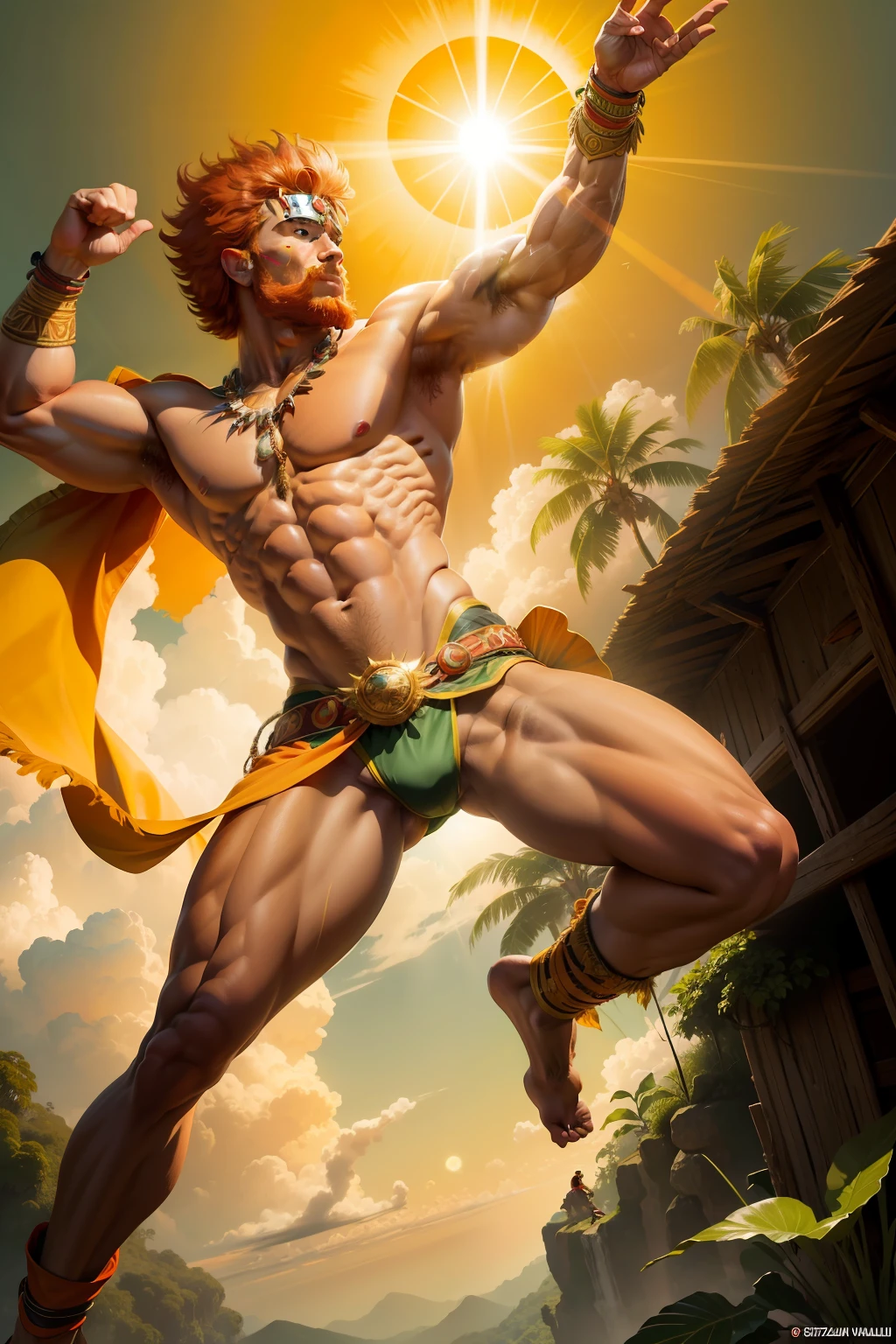 Guaraci God of the sun, jungle boy, sexy, muscle man, redhead, warrior of the Amazon rainforest, is flying in front of the sun full body, with an indigenous loincloth, he ezala power and sovereignty controlled the sun, powers of the sun, brazil