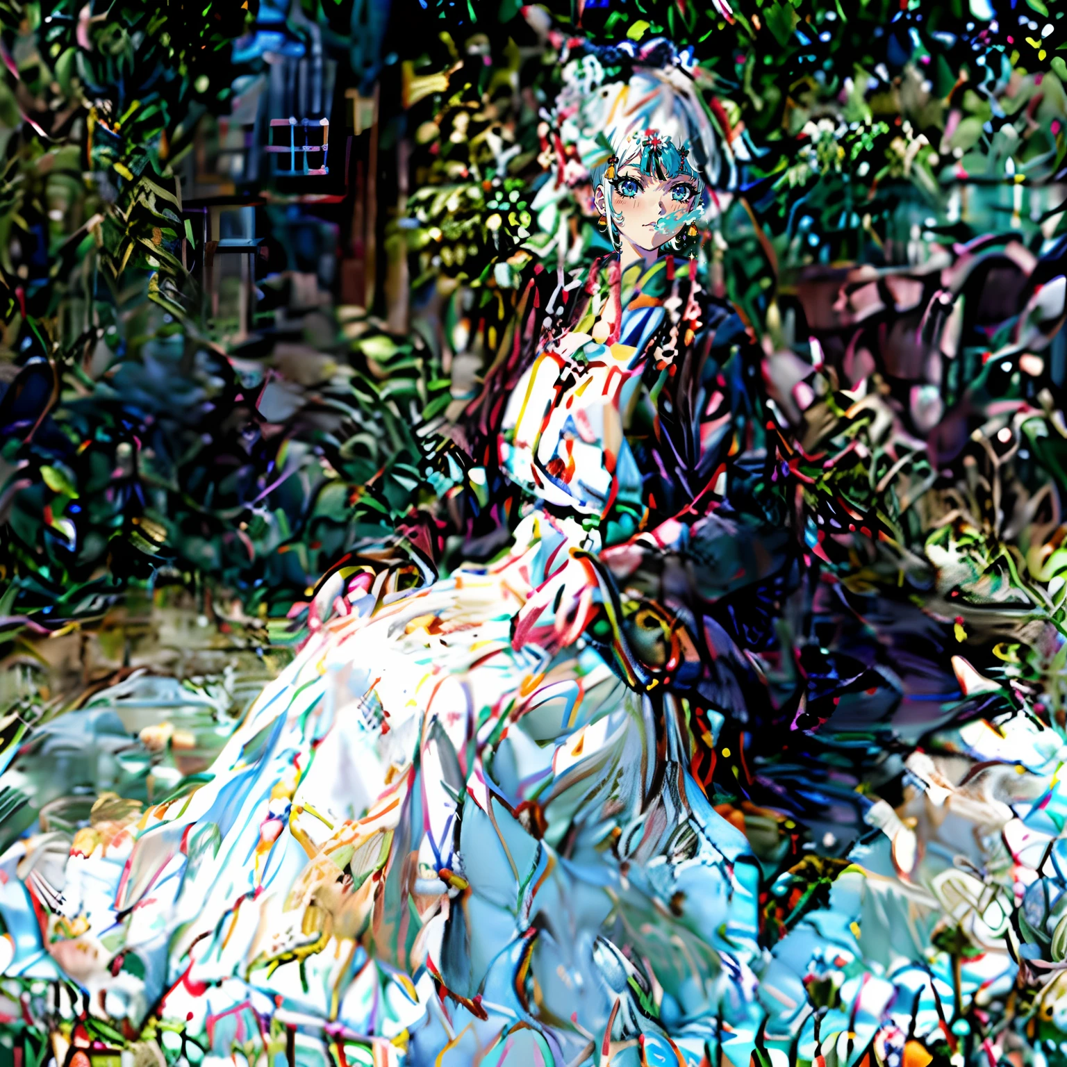 White hair, kanzashi, covering mouth, Anime style, Masterpiece