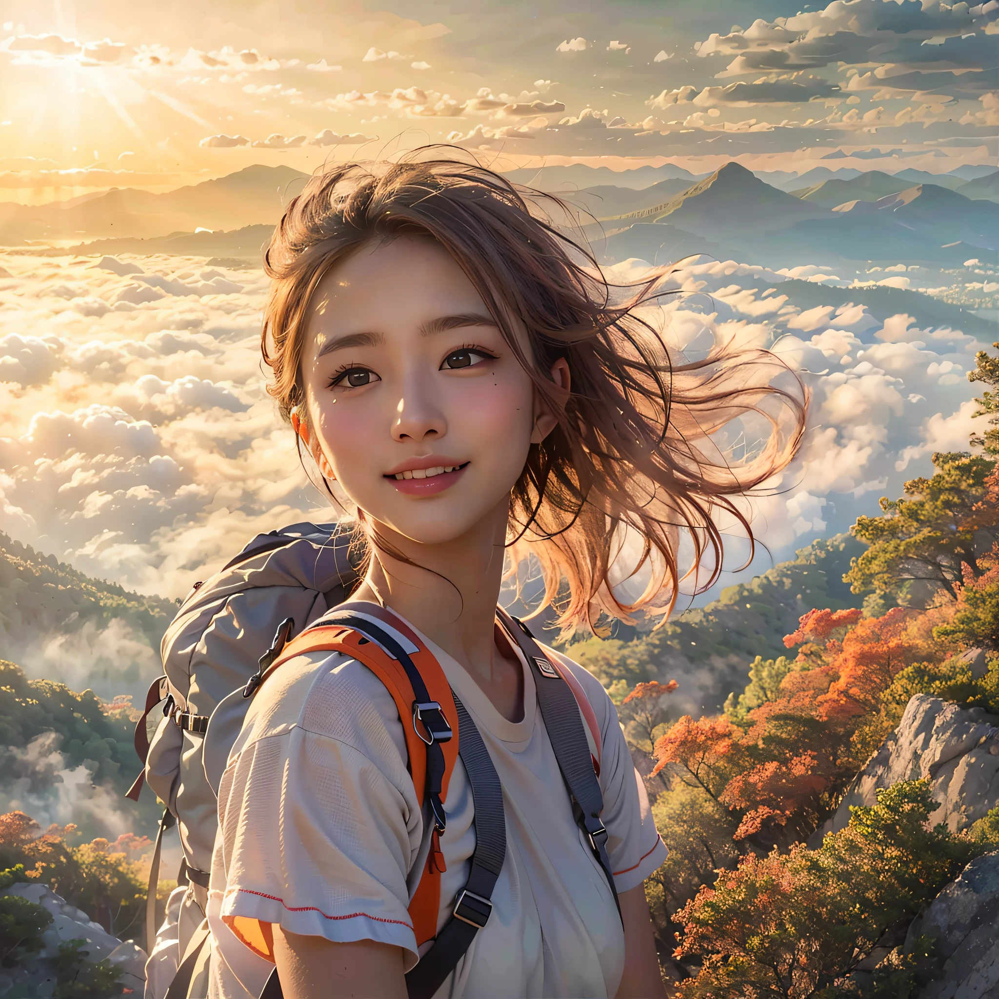 (Best Quality, hyper realistic:1.2), Magnificent mountain, sea of clouds, A clear sky, Fantastical, A woman watching the sunset, go pro,  ((UPPER BODY)), white t-shirts, Trekking shorts, trekking boots, rucksack,  (ultra delicate face, ultra Beautiful fece, ultra delicate eyes, ultra detailed nose, ultra detailed mouth, ultra detailed facial features), Beautie, 18year old, Shy smile