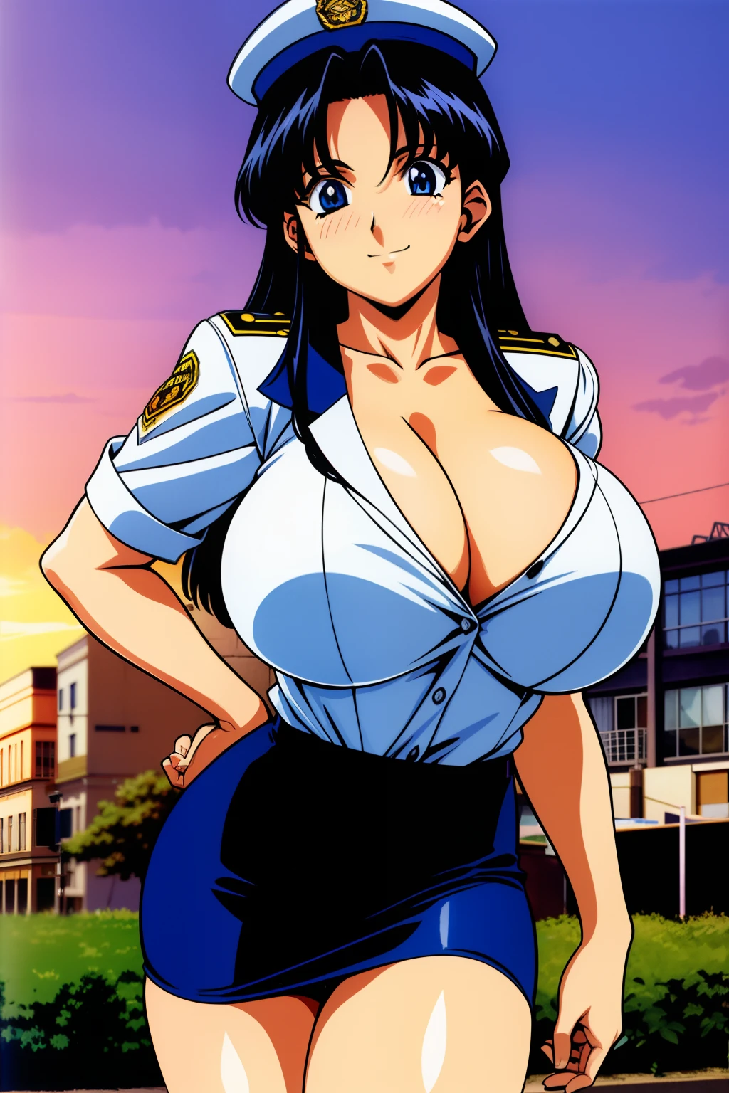 best quality, ultra-detailed, high resolution, 4k, anime screencap, Policewoman Uniform, police cap, pencil skirt, black hair, long hair, blue eyes, 1990s \(style\), outdoors, city, 1girl, (huge breasts:1.2), nose blush, smile, from front