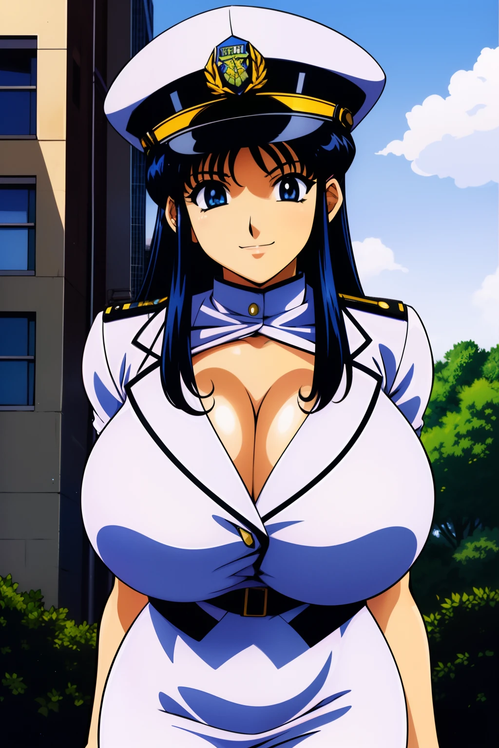 best quality, ultra-detailed, high resolution, 4k, anime screencap, Policewoman Uniform, police cap, pencil skirt, black hair, long hair, blue eyes, 1990s \(style\), outdoors, city, 1girl, (huge breasts:1.2), nose blush, smile, from front