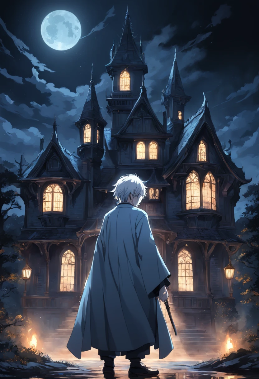 darkly, The old Victorian house stands alone in the moonlight,The color is bright，dark night background，Men around 12 years old，White color hair，Light blue eyes，long white robe，Castle at the back，Harry Potter style wizard，Tender，apathy，orthofacial