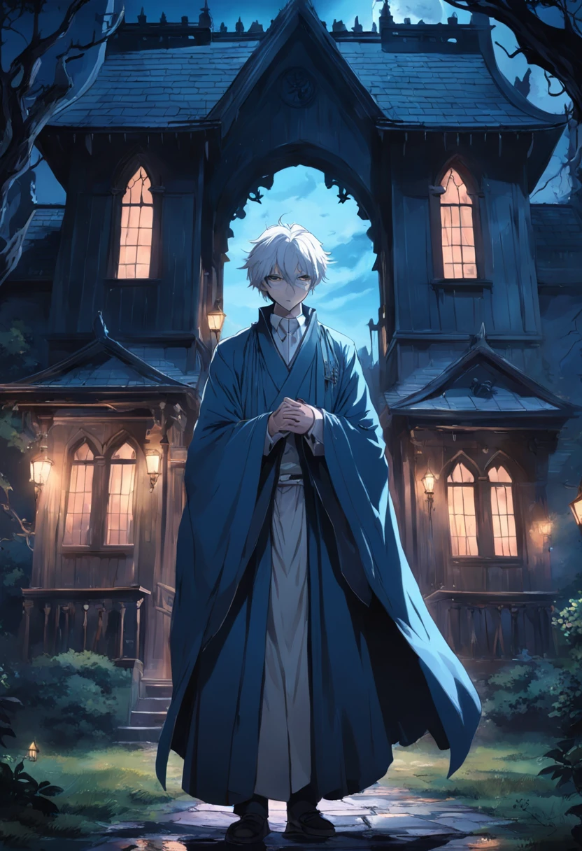 darkly, The old Victorian house stands alone in the moonlight,The color is bright，dark night background，Men around 12 years old，White color hair，Light blue eyes，long white robe，Castle at the back，Harry Potter style wizard，Tender，apathy，orthofacial
