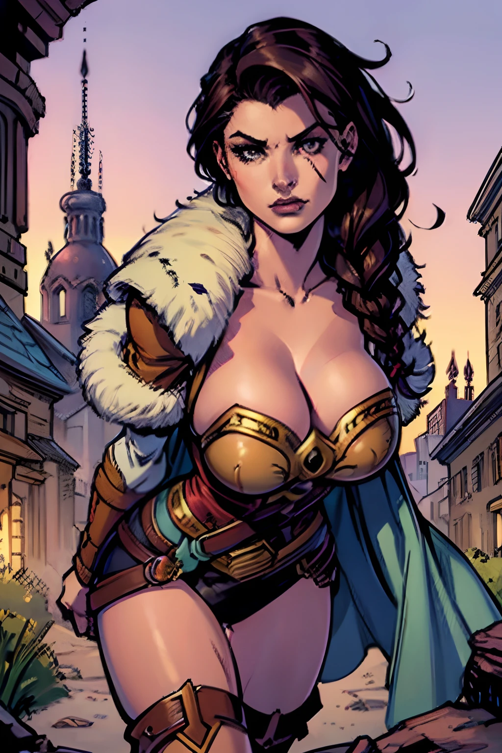 (masterpiece, top quality, best quality, official art, beautiful and aesthetic:1.2), (1girl:1.3), dark brown hair pulled back, in an untidy mane, braids, extremely detailed, portrait, looking at viewer, solo, (full body:0.6), detailed background, close up, facepaint, tribal tattoos, (warm summer desert theme:1.1), busty human barbarian queen, elegant face, long face, charlatan, smirk, mysterious, walking in savannah, revealing tribal attire, bare midriff, brown leather, fur lined clothes, long boots, buckles, straps, pouches, axes, tan fabric, brown leather, ((gigantic breasts, skindentation, cleavage)), muscular, strong, slim waist, slim hips, long legs, muscular legs, medieval (savannah exterior:1.1) background, dark mysterious lighting, shadows, magical atmosphere, dutch angle, (comics)