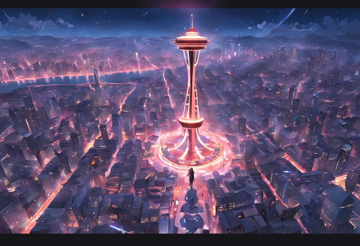 a picture of the space needle and the space needle, a digital rendering by Sōami, behance contest winner, vorticism, official art, reimagined by industrial light and magic, anamorphic lens flare