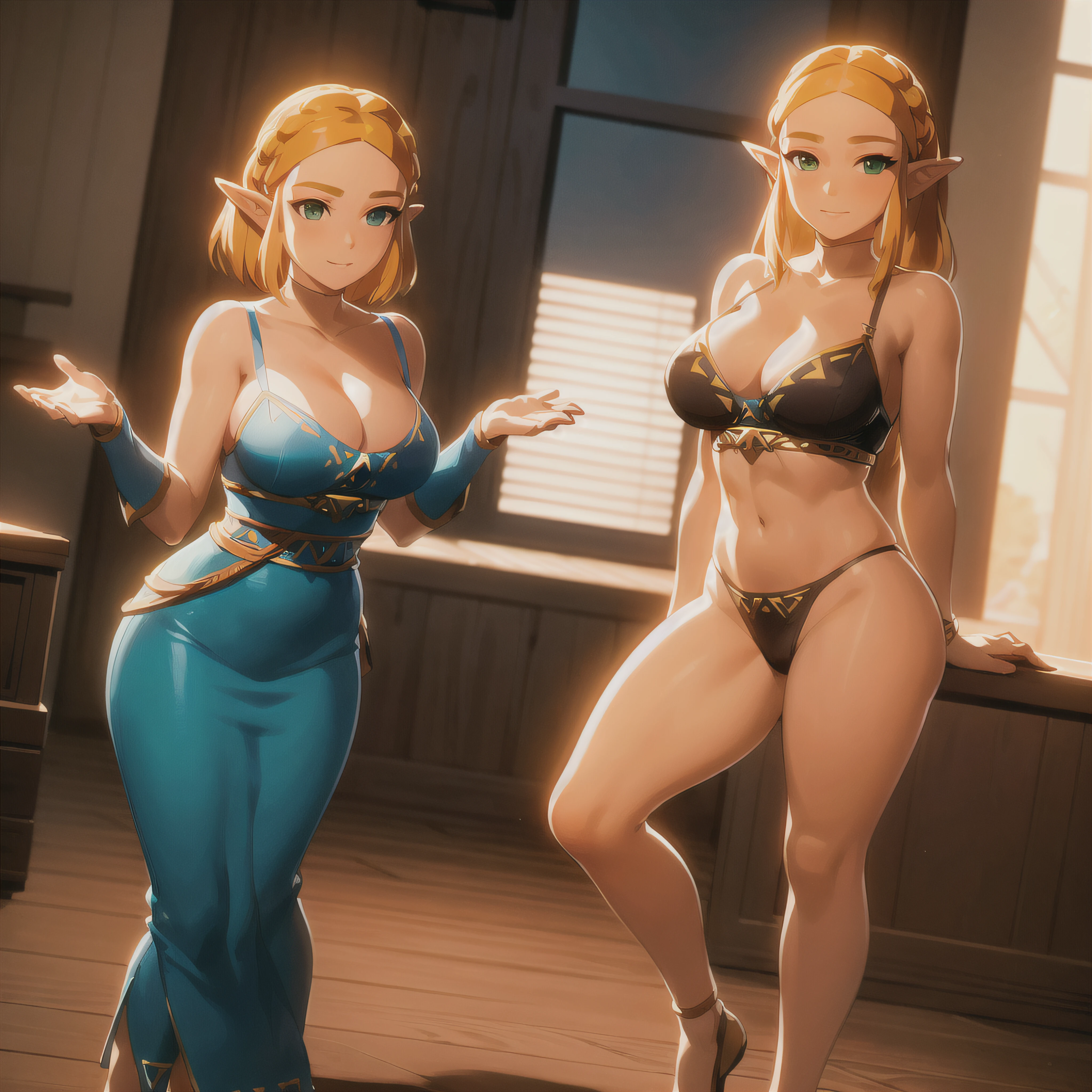 ((masterpiece)),(illustration),(((best quality)),iridescent, high resolution illustration,Amazing,highres,intricate detail, extremely detailed CG unity 8k wallpaper ((zelda)), large breasts, full body, (delicate cute face), blond long hair, lovestruck,(green eyes), smile, joyful, facing viewer, , narrow waist, young girlyear old gire, tight body, cleavage, bedroom, lingerie