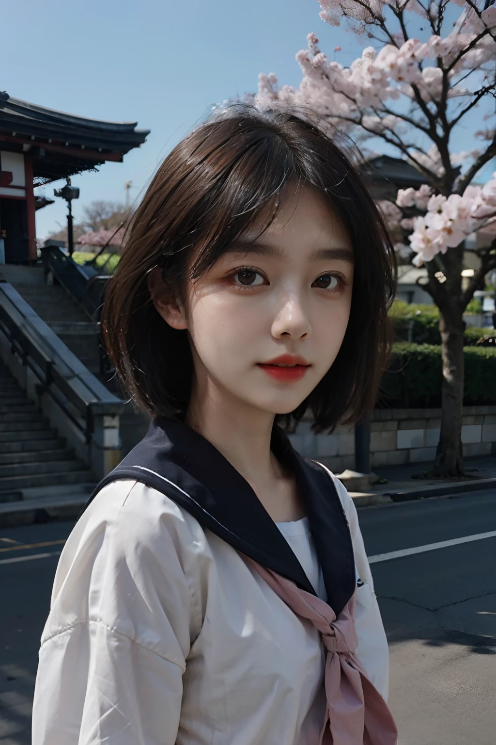 Sakura Tanaka 、19、Japan High Schrl。short-hair、Pattsun bangs、Brown hair、Lightly pigmented face。Wearing a Japan uniform、skirt by the（a sailor suit）。pure、cute little、neat and clean。Wagas、cherry blossom in full bloom。