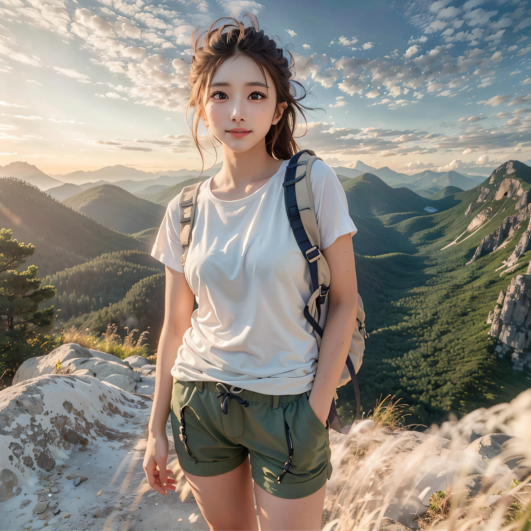 (Best Quality, hyper realistic photography), Magnificent mountain, sea of clouds, Woman watching sunset, selfee, ((Upper body)), white t-shirts, Trekking Shorts, trekking boots, rucksack, (ultra-delicate face, Super Beautiful Maid, Super delicate eyes, Ultra-detailed nose, Ultra detailed mouth, Ultra-detailed facial features), Beautie, 18year old