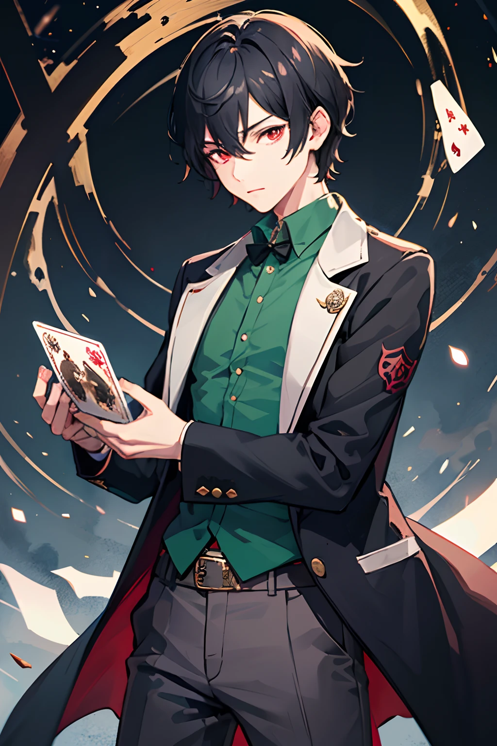 Masterpiece, Best Quality, 1boy, 独奏, male focus, Dshocker, black hair, Short hair, red-eyes, high collar, white coat, green shirt, long sleeves, pants, Ancient ruins, night time, Detailed background,Joker cards in hand,The eyes are crimson