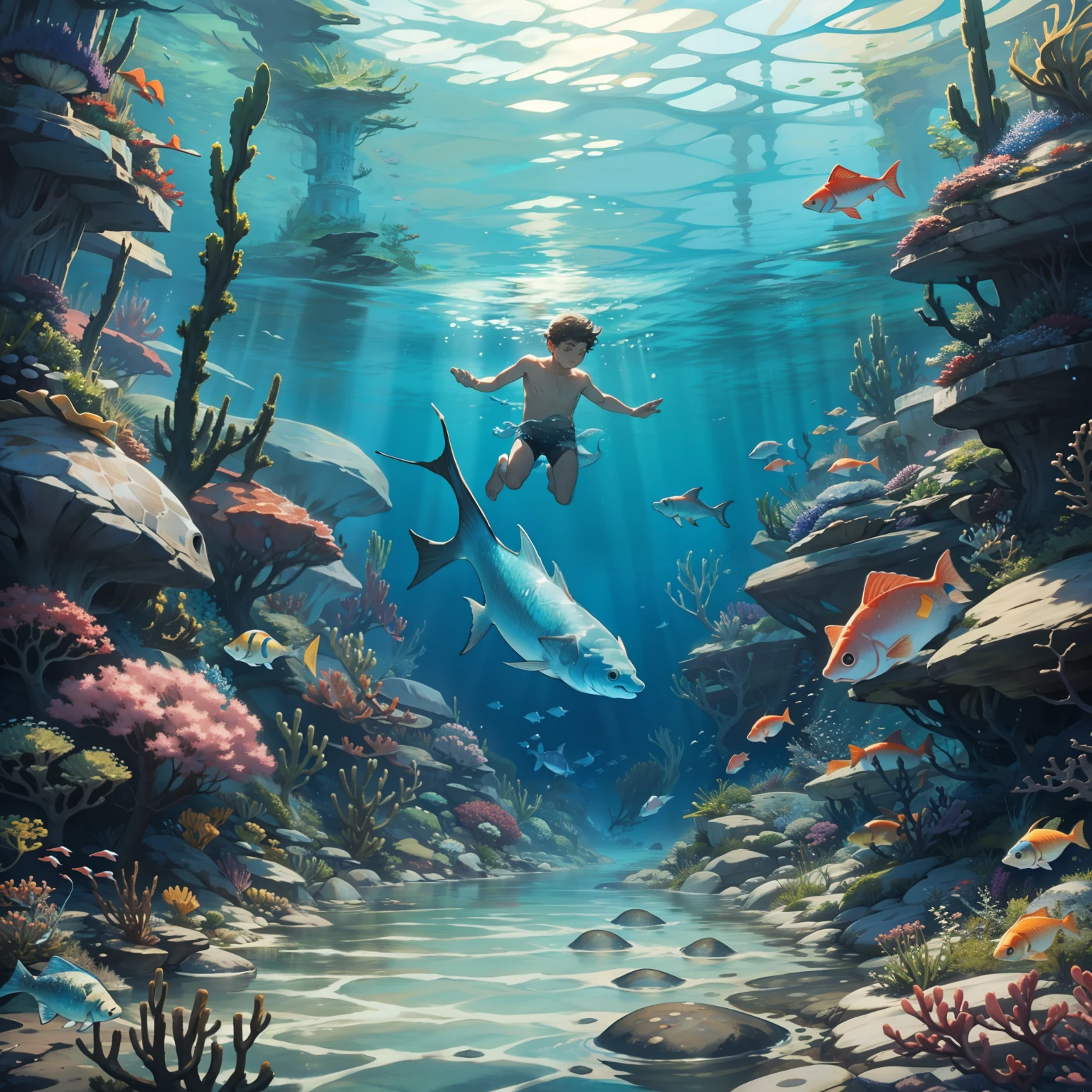 A boy swims at the bottom of the sea，Small fish