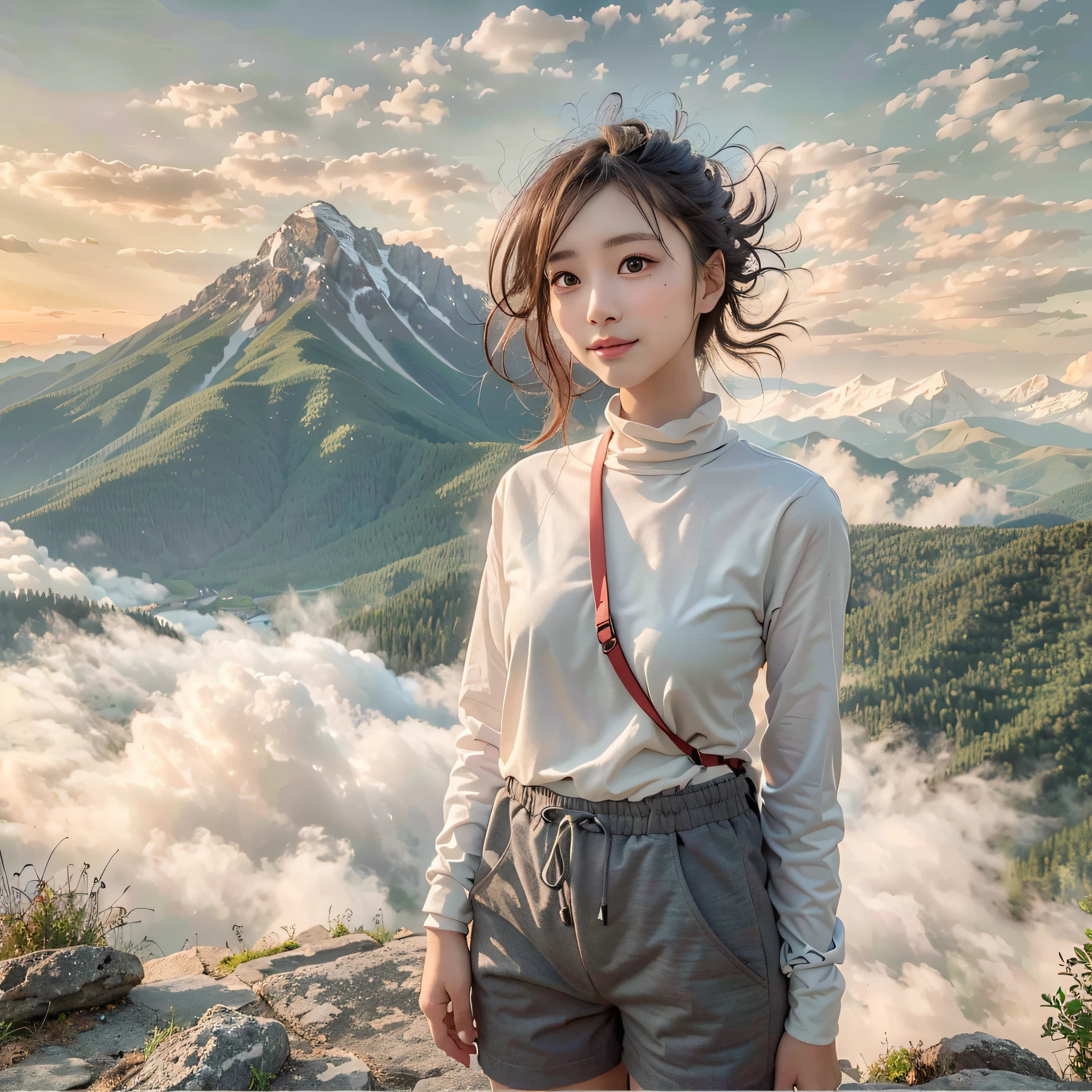 (Best Quality, hyper realistic:1.2), Magnificent mountain, sea of clouds, A clear sky, Fantastical, A woman watching the sunset, go pro, ((UPPER BODY)), white t-shirts, Trekking shorts, trekking boots, rucksack, (ultra delicate face, ultra Beautiful fece, ultra delicate eyes, ultra detailed nose, ultra detailed mouth, ultra detailed facial features), Beautie, 18year old, Shy smile, Model-like body shape, Realistic body