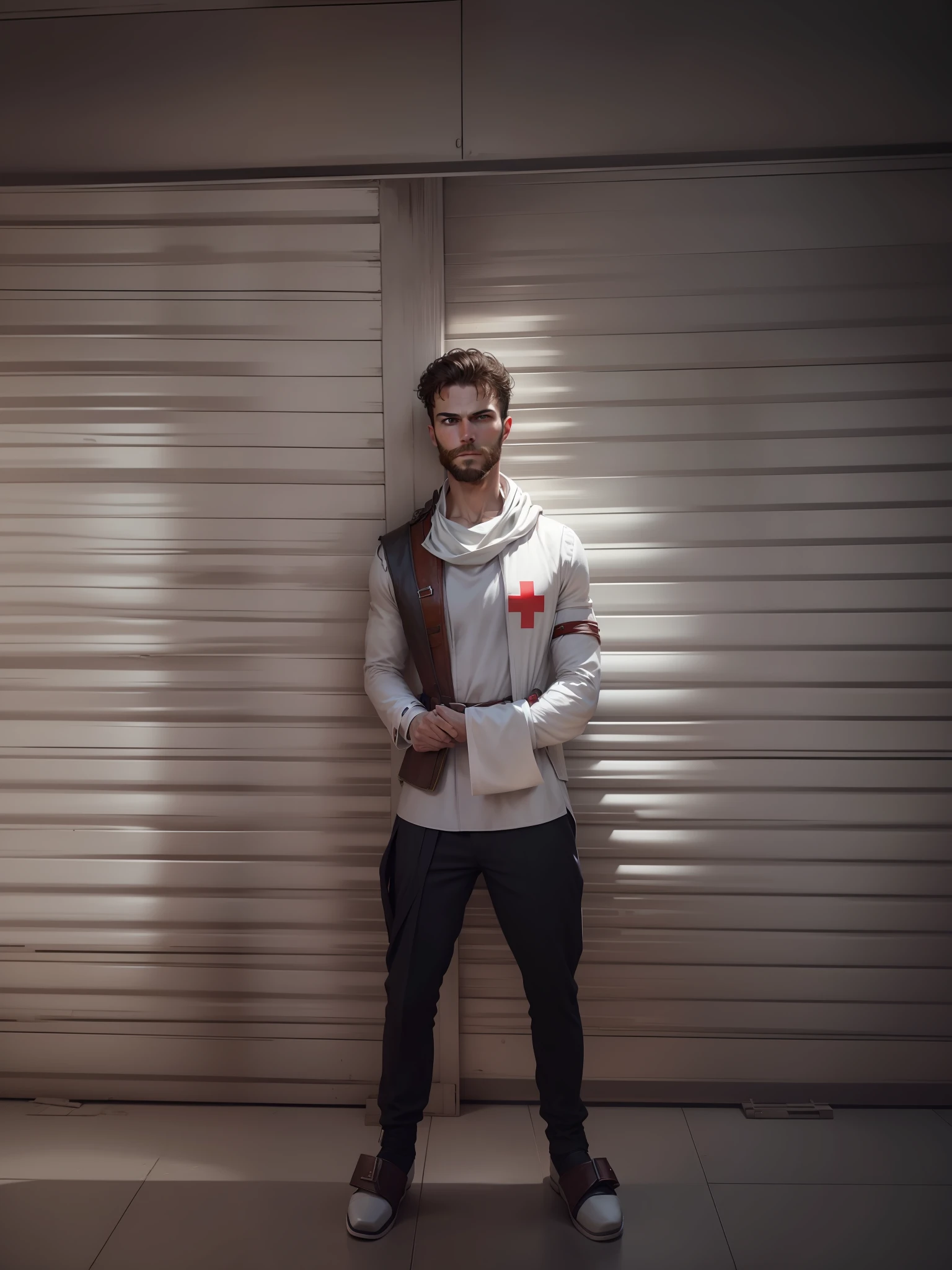 white tunic with red cross, dark beard, similar to actor Jamie Dornan, super detail-oriented, realistic, Jamie Dornan, Templar, blue eyes, cinematic style, Knightfall, 8k resolution, best quality, close up.