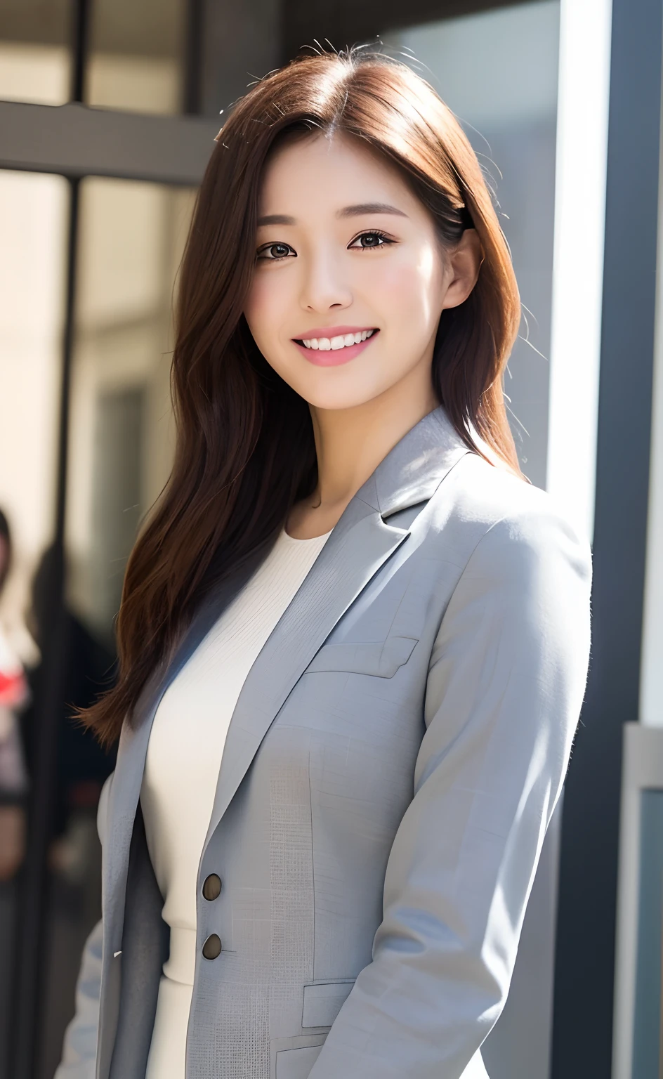 ((Best Quality, 8k, Masterpiece: 1.3)), 1 girl, smile, full body, slim face, pretty woman, short dark brown hair, white crisp shirt on upper body, black straight suit pants on upper body, high heels, super detailed face, detailed eyes, double eyelids, blurred background, slim face, tall building
