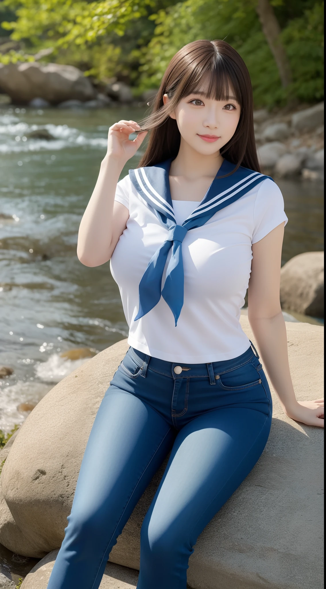 a pregirl,horse tailed,Large breasts, ssmile, looking at viewert, sailor uniformm,skintight jeans, athletic sneakers,photore, realisticlying, Best quality at best, employee, 详细的脸, Sitting on a large rock by the river in the middle of the woods, diffuselighting, depth of fields, Background bokeh
