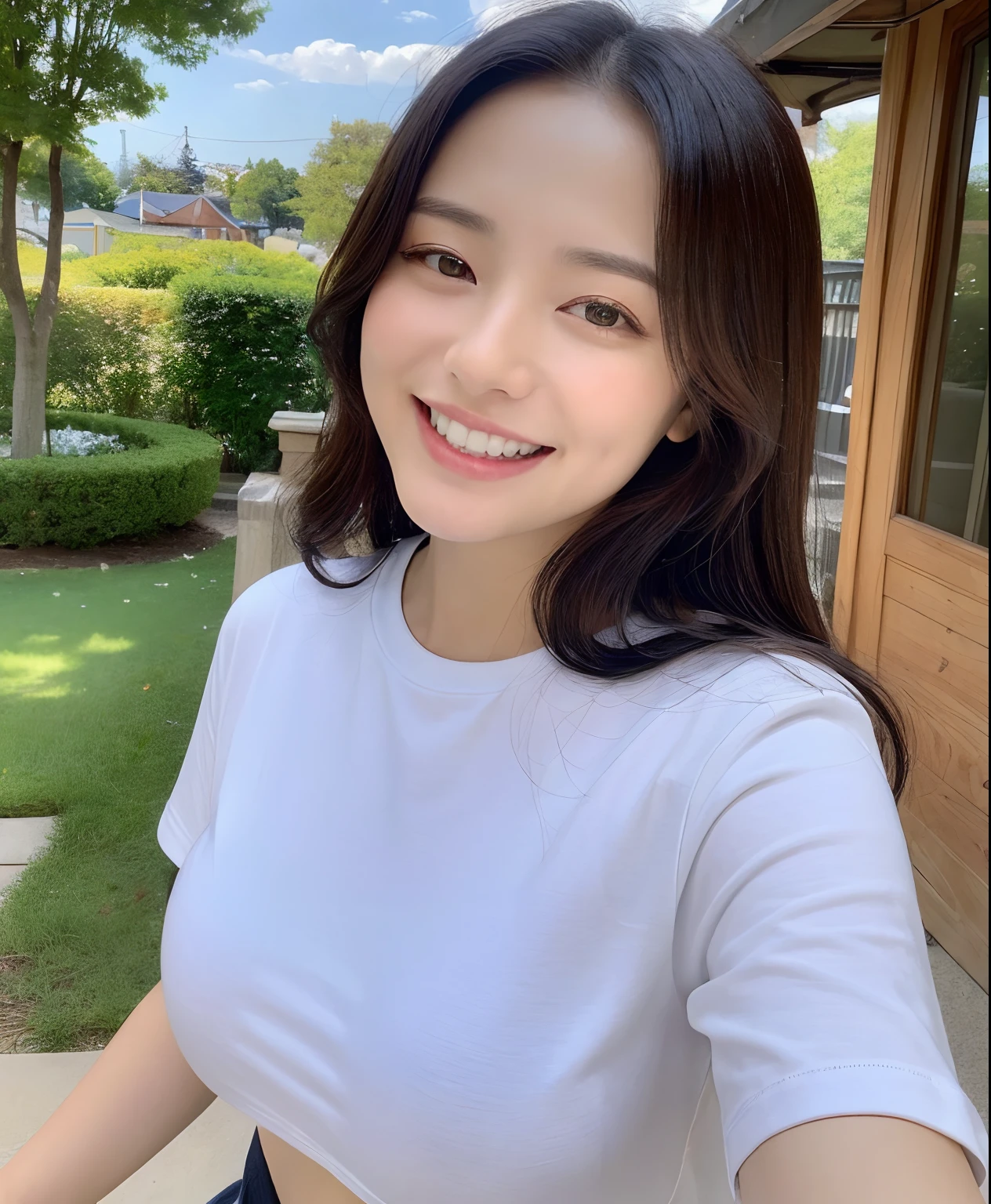 ((top-quality、in 8K、masterpiece:1.3))、1girl in、Beautiful woman with plump abs emphasized:1.3、(The long-haired、Colossal tits:1.2)、In the city、Super delicate face、wholesome、二重まぶた、A smile that showed teeth、Random Color T-Shirt、Looking at the camera、Big smile、Look here、Look at me with your eyes wide open、Cozy feeling、tshirts、Take a walk outside