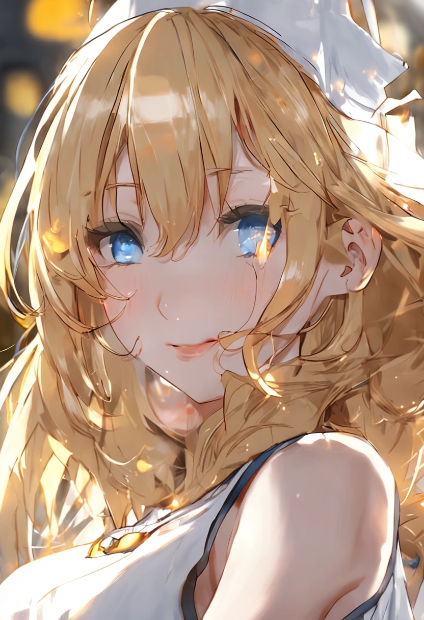 ((((masuter piece、top-quality、bionde、de pele branca、profile、A charming expression、Great look、look at a camera))))、Yellow hair、Blue eyes、(((((White skin))))),((ssmile))、Realistic skin type、an anime girl、Clean lashes、Detailed Digital Anime Art、A seductive anime girl、extremely detailed art germ、Smooth Anime CG Art、ig model、ArtGerm、photo-realistic anime girl、digital anime art、Anime girl with yellow hat and brown and white dress, Lori