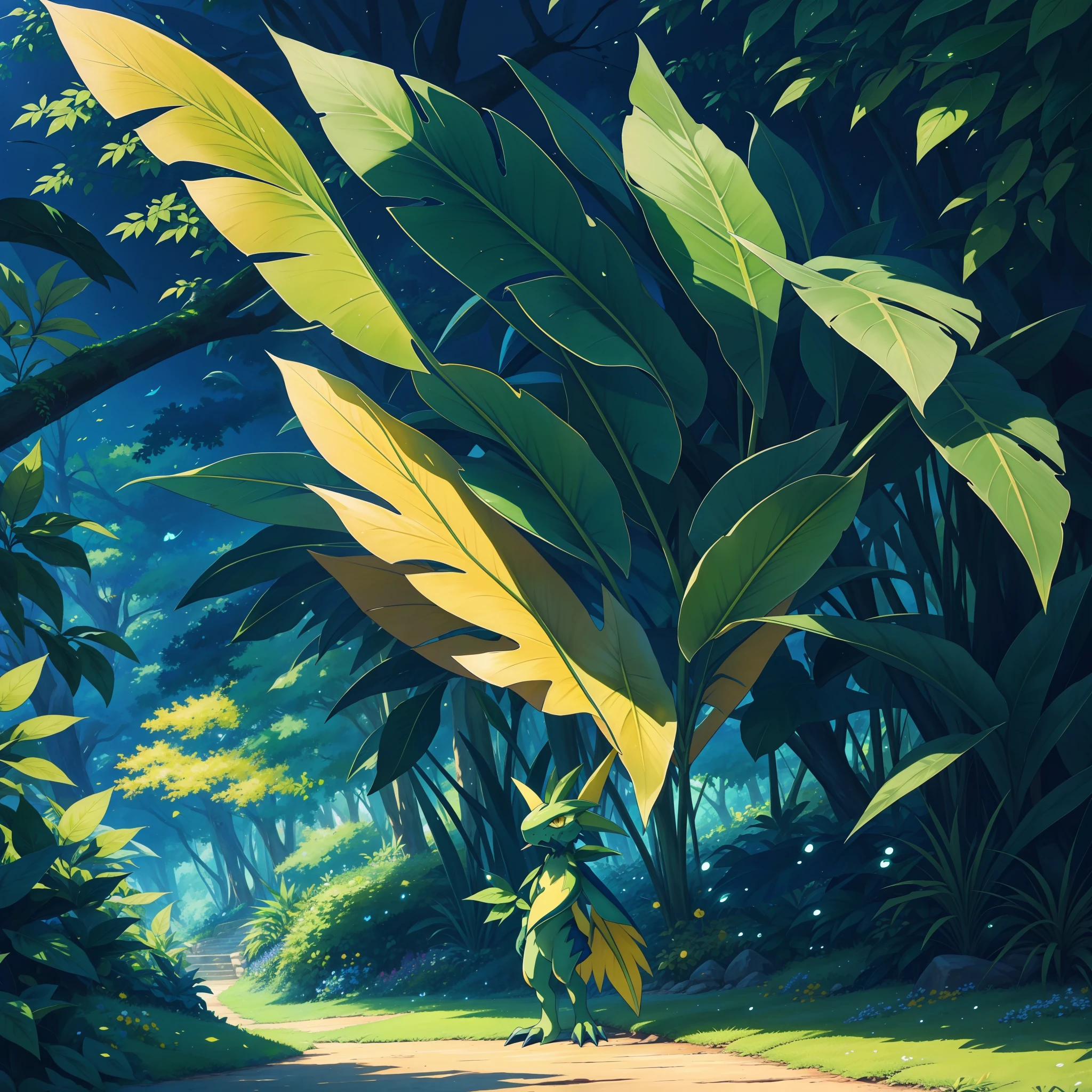 Digimon that looks like a species of plant. It skillfully uses its tail, which looks like a leaf, Because it has a very timid personality, it will immediately flee, colors are primary vivid yellow with green, Masterpiece, best quality