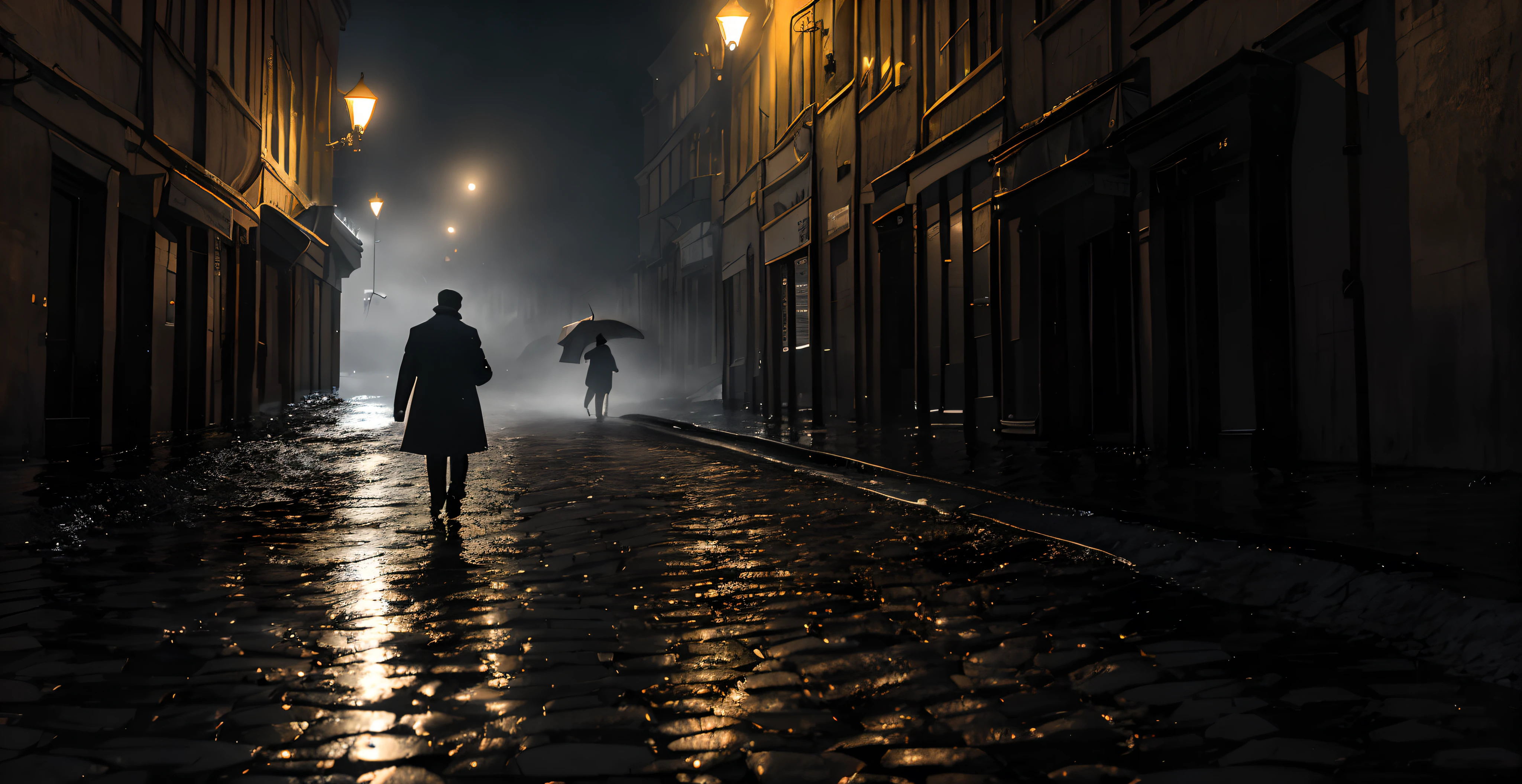 Ultra Realistic Photo,A cinematic scene,Sherlock Holmes walks on the water in a storm,tmasterpiece,best qualtiy,high qulity,8k extremely detailed CG unit wallpaper,Award-winning photography,Bokeh,depth of fields,hdr,flood,color difference,realisticlying,extremely detaile,trending on artstration,Trend of CGsociety,iintricate,high detal,dramatics,art in the middle of the journey, Artistic monochrome,Textured film particles,atmospheric fog,shallowdepthoffield,Tough city atmosphere:0.3 Movie black and white street photos,deep in the night.Lights stroll along the historic streets。Images taken from a low angle show magnificent buildings and cobbled alleys,A faint candlelight cuts through the mist,Cast dramatic shadows。The camera emphasizes the existence of mystery,Highlight their confident pace,Capture the essence of urban exploration and mystery。A lonely figure of a person。