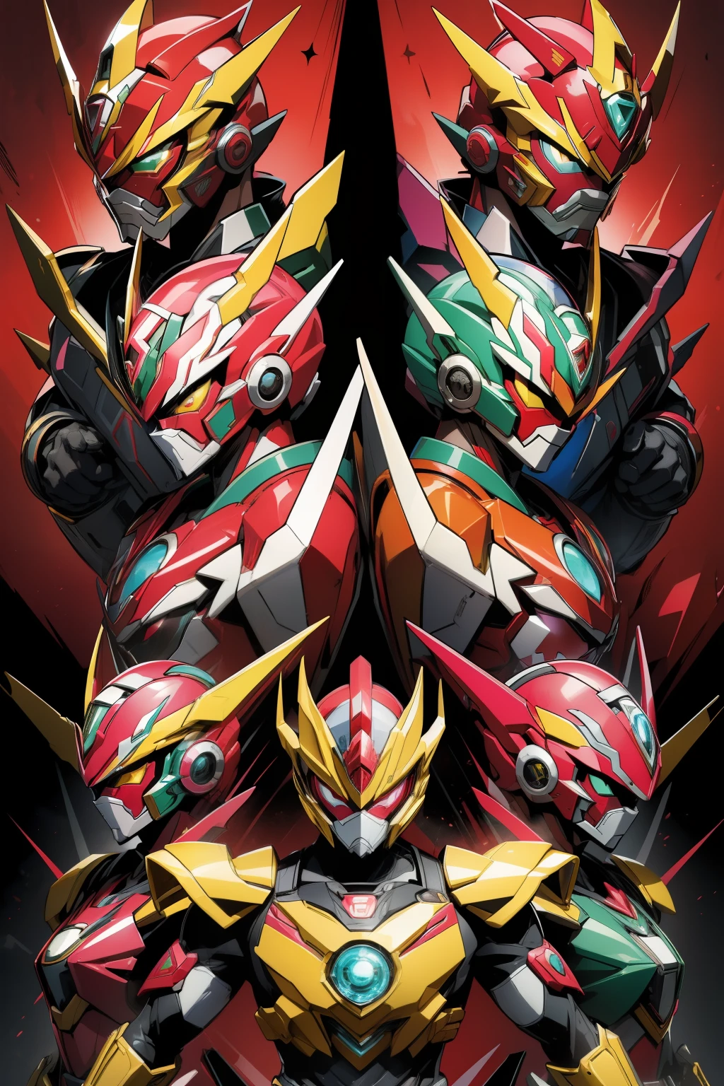 Outrageous resolution、hight resolution、(masterpiece:1.4)、ultra-detailliert、Crisp details、Dramatic and photorealistic pictorial art、Super Sentai Series、Megaranger、Hero Mask、(reddish、verdant、A black、amarelo、pink there、Fivesome)Righteous heroes、Decide on a transformation pose、