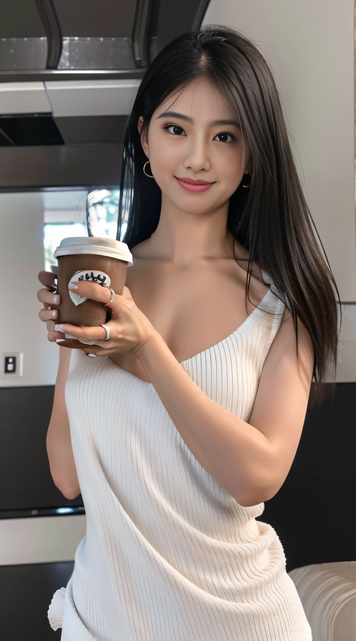 ((best quality, 8k, masterpiece :1.3)), (sharp focus :1.2, Beautiful woman with perfect body :1.4, slim abs :1.2), ((big bust, emphasize division:1.3)), (Photorealistic:1.4), (realistic:1.4), (long straight hair, light brown hair:1.5), Highly detailed face and skin texture, fine particles, double eyelid. makeup face, a little lipstick, Sex appeal, sexy etching pose, ((White lace camisole and denim miniskirt、Cafeteria in the background、She poses with her camisole down, exposing her shoulders, and holding a coffee cup......。:1.3)