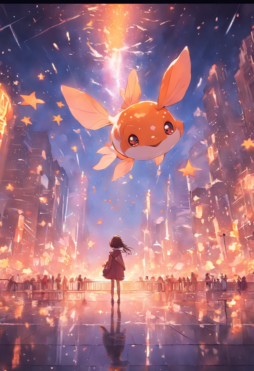 Stars shine,Colorful,Huge goldfish float over the city,Huge tail,Cute and cute,KIDS ILLUSTRATION,Glow effects,Dingdall effect,depth of fields,high light,Real light,Ray traching,oc rendered,Hyper-realistic,best qualtiy,8K,Works of masters,super-fine,Detailed pubic hair,Correct anatomy