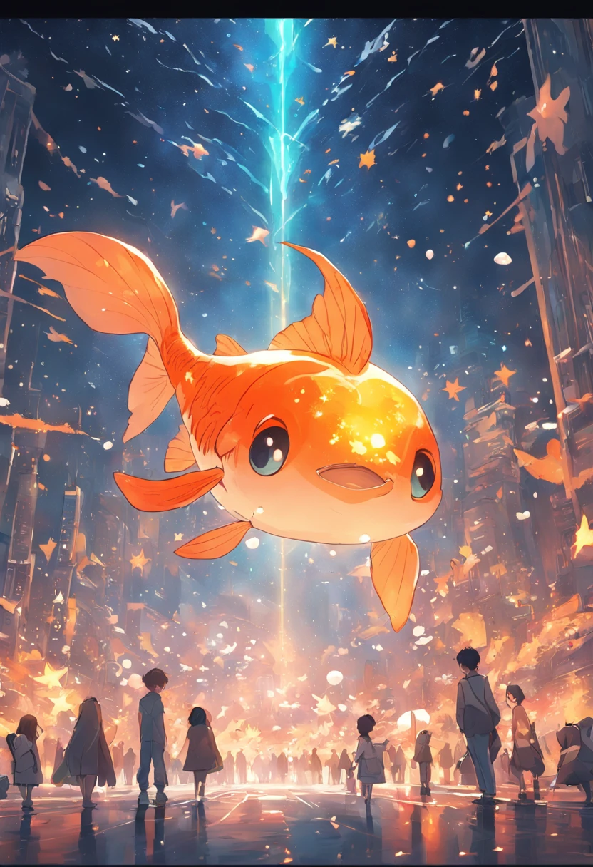 Stars shine，Colorful，Huge goldfish float over the city，Huge tail，Cute and cute，KIDS ILLUSTRATION，Glow effects，Dingdall effect，depth of fields，high light，Real light，Ray traching，oc rendered，Hyper-realistic，best qualtiy，8K，Works of masters，super-fine，Detailed pubic hair，Correct anatomy