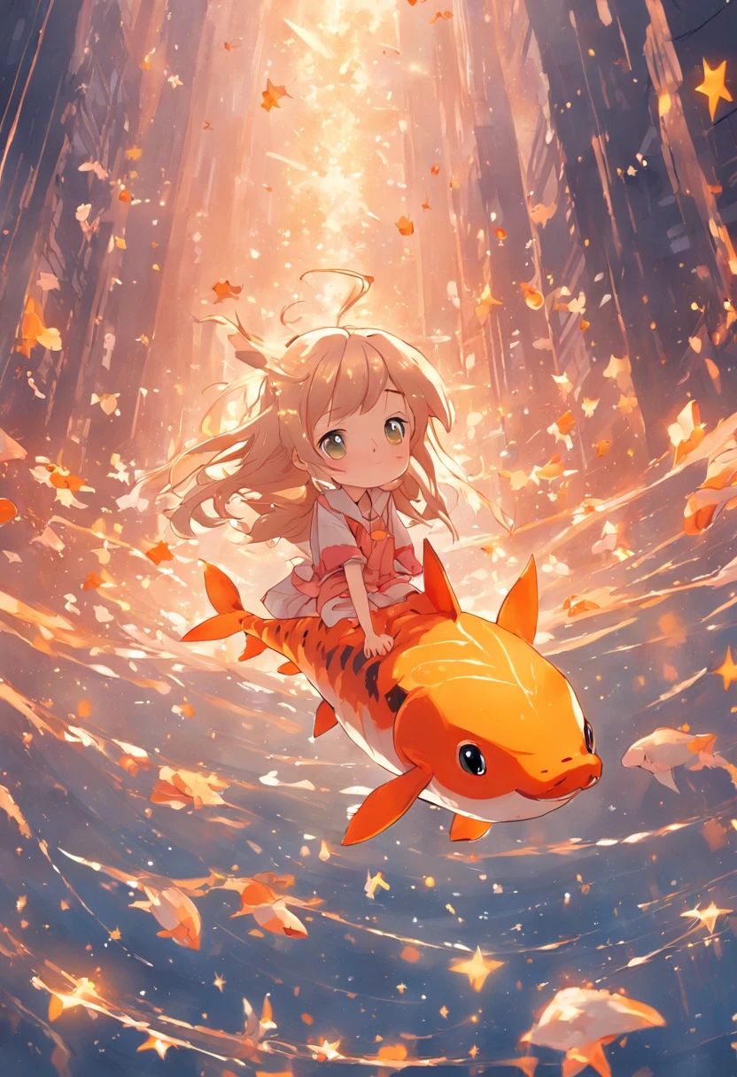 Stars shine,Colorful,Huge goldfish float over the city,Huge tail,Cute and cute,KIDS ILLUSTRATION,Glow effects,Dingdall effect,depth of fields,high light,Real light,Ray traching,oc rendered,Hyper-realistic,best qualtiy,8K,Works of masters,super-fine,Detailed pubic hair,Correct anatomy