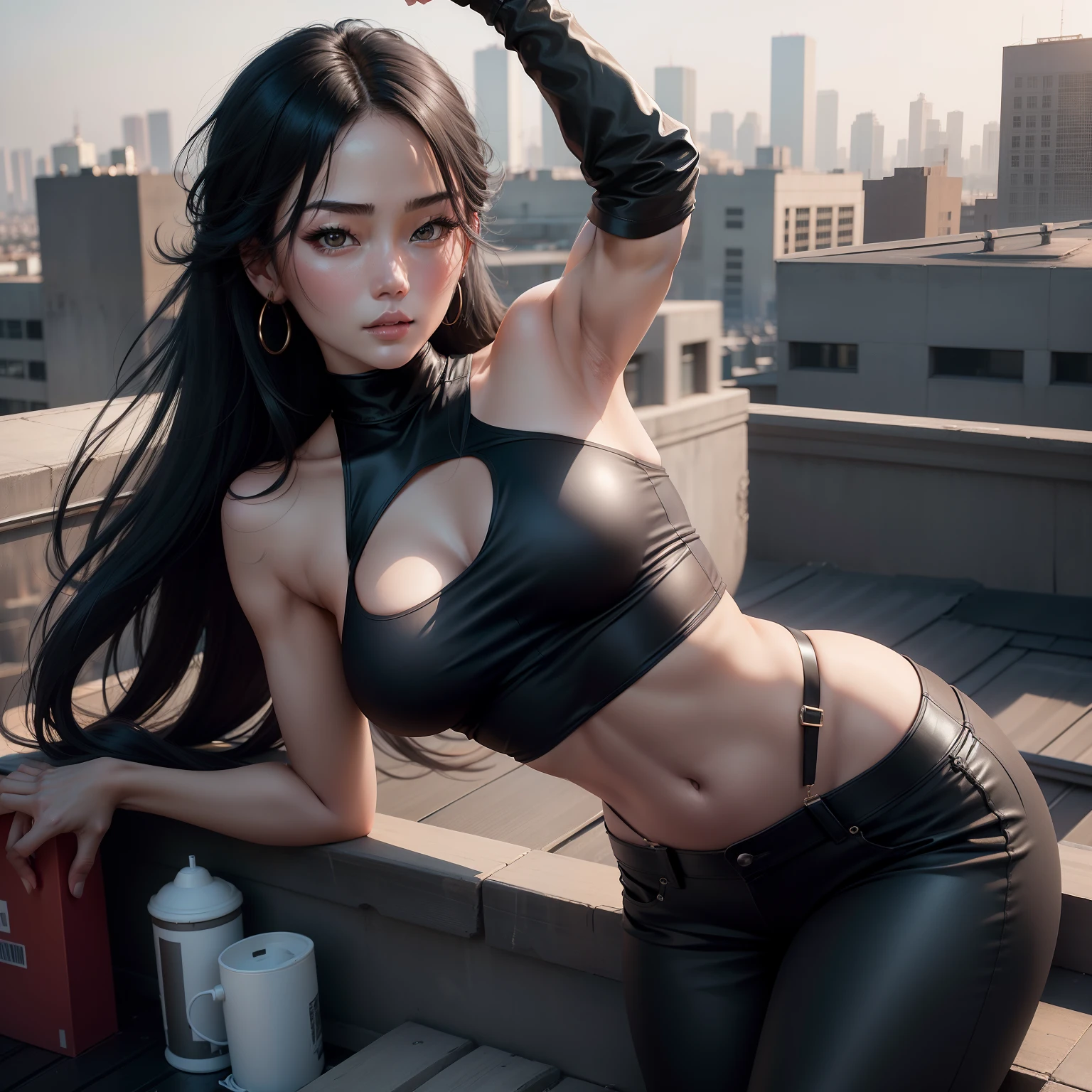 arafed woman and black pants posing for a picture, on rooftop, 8k selfie photograph, she is wearing nothing on a rooftop, gorgeous chinese model, in a rooftop, black top, sexy look at the camera, rooftop, 奈良美智, tight black tanktop