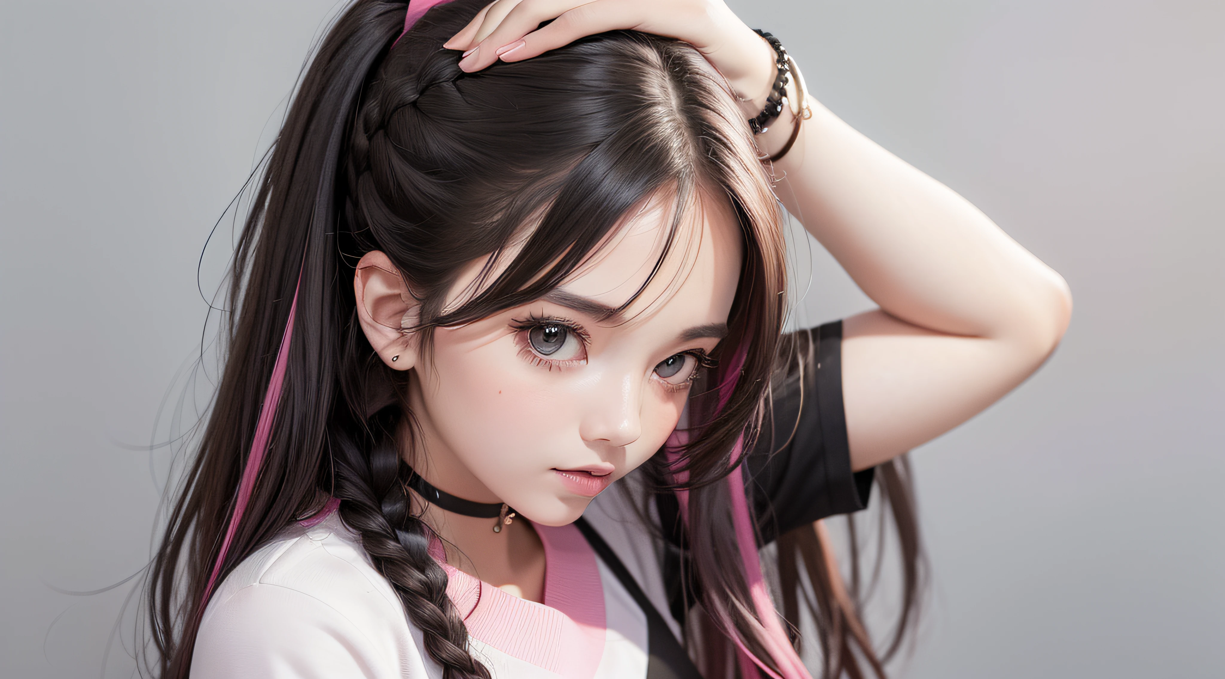 ((1 prefect cute face busty girl)),black and pink casual summer wear,simple black and white background,highlight pink inner fishnet braid hair,upper body shot