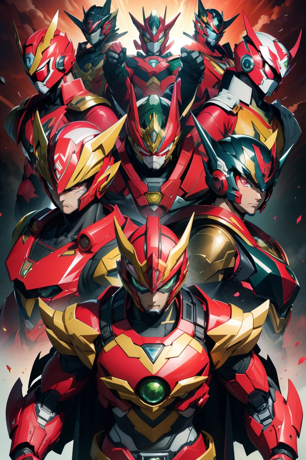 Outrageous resolution、hight resolution、(masterpiece:1.4)、ultra-detailliert、Crisp details、Dramatic and photorealistic pictorial art、Super Sentai Series、Megaranger、Hero Mask、(reddish、verdant、A black、amarelo、pink there、Fivesome)Righteous heroes、Decide on a transformation pose、