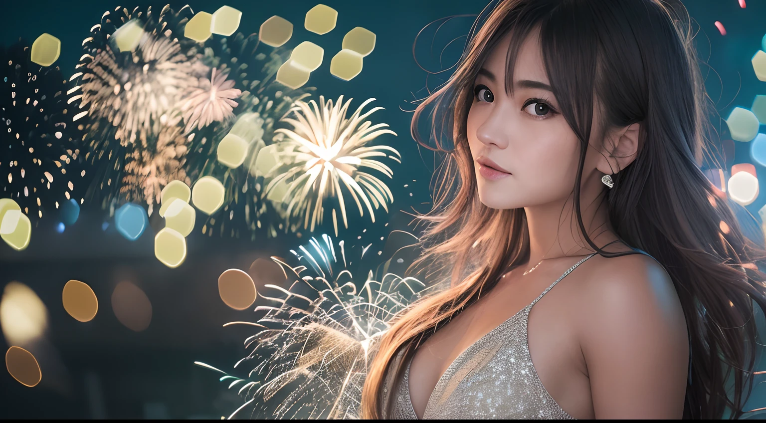 masutepiece, Best Quality, Raw photo、Ultra-realistic hair quality、Movie stills, 1girl in, front, Low-cut Sheer Dress, Big Tits, close-up, Bright, Happy, Warm soft light, (Fireworks: 0.3),japanes、18year old