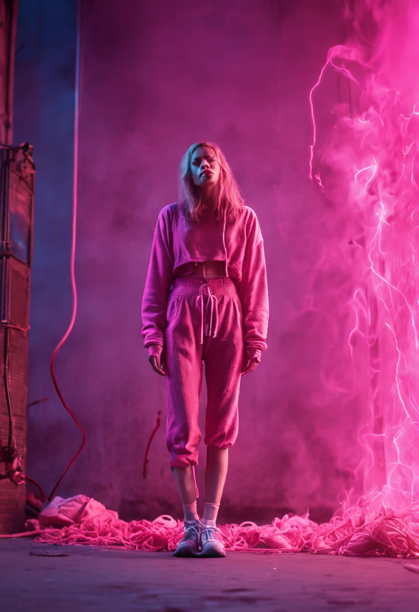 Full body photo Pink clothes shorts, long hair spread out, revealing and vaginal panties, beauty falling asleep on the road, her eyes closed, her whole body bleeding and vomiting blood, her whole body tied by rope