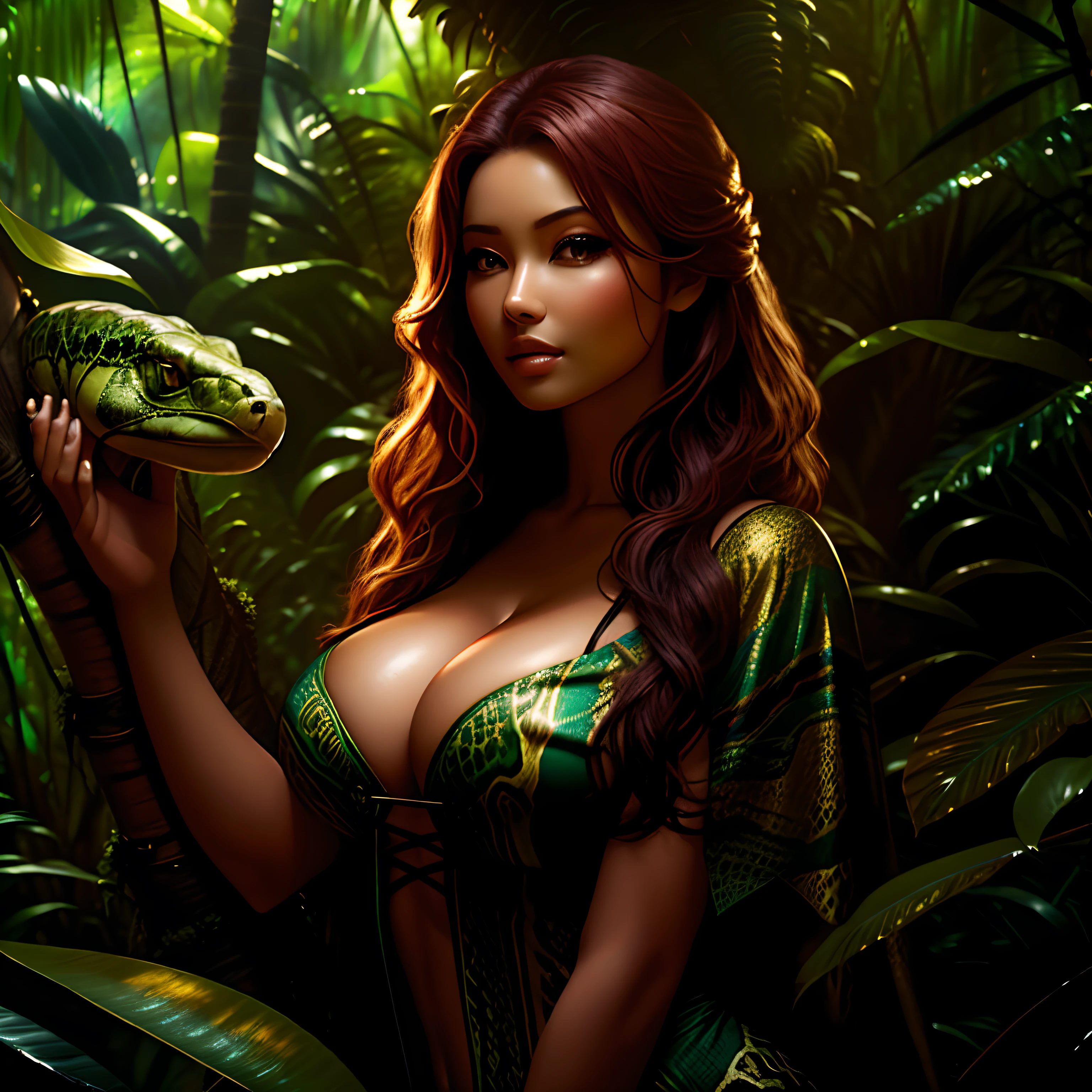 A Snake,
yang08k, photography of, big breasts beautiful, Rainforest background,
tmasterpiece,top-quality,best qualityer,offcial art,Beautiful and beautiful,realisticlying,