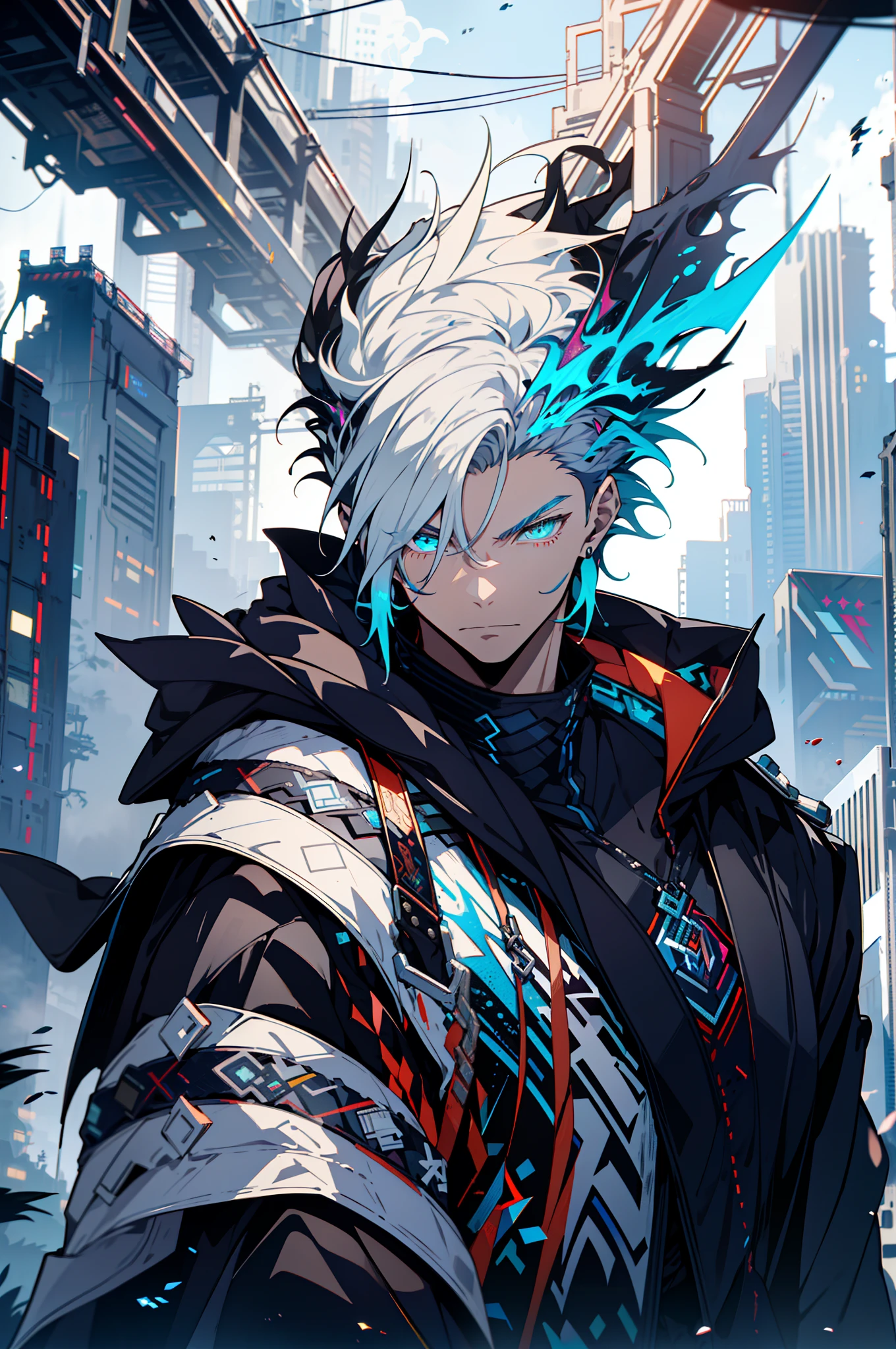 Cyberpunk male, fantasy world, dark background, clean design, epic instagram, artstation, colorful paint splatter, silhouette, hyper detailed intricate details, unreal engine, fantasy, intricate details, splash screen, complementary colors, Fantasy concept art, 8k resolution, deviantart masterpiece, oil painting, heavy strokes, paint dripping, (isolated on white background: 1.3), rainbow skin, (((handsome young man))), ((teenage:1.5) ), (glowing blue eyes), ((light eyes)), ((((short white hair: 1.1))), ((black clothes)), (prince\\(indifferent expression\\),, ( ((Wears high detail luxurious black robe))), white hair, frost magic, ((chest) --v 6