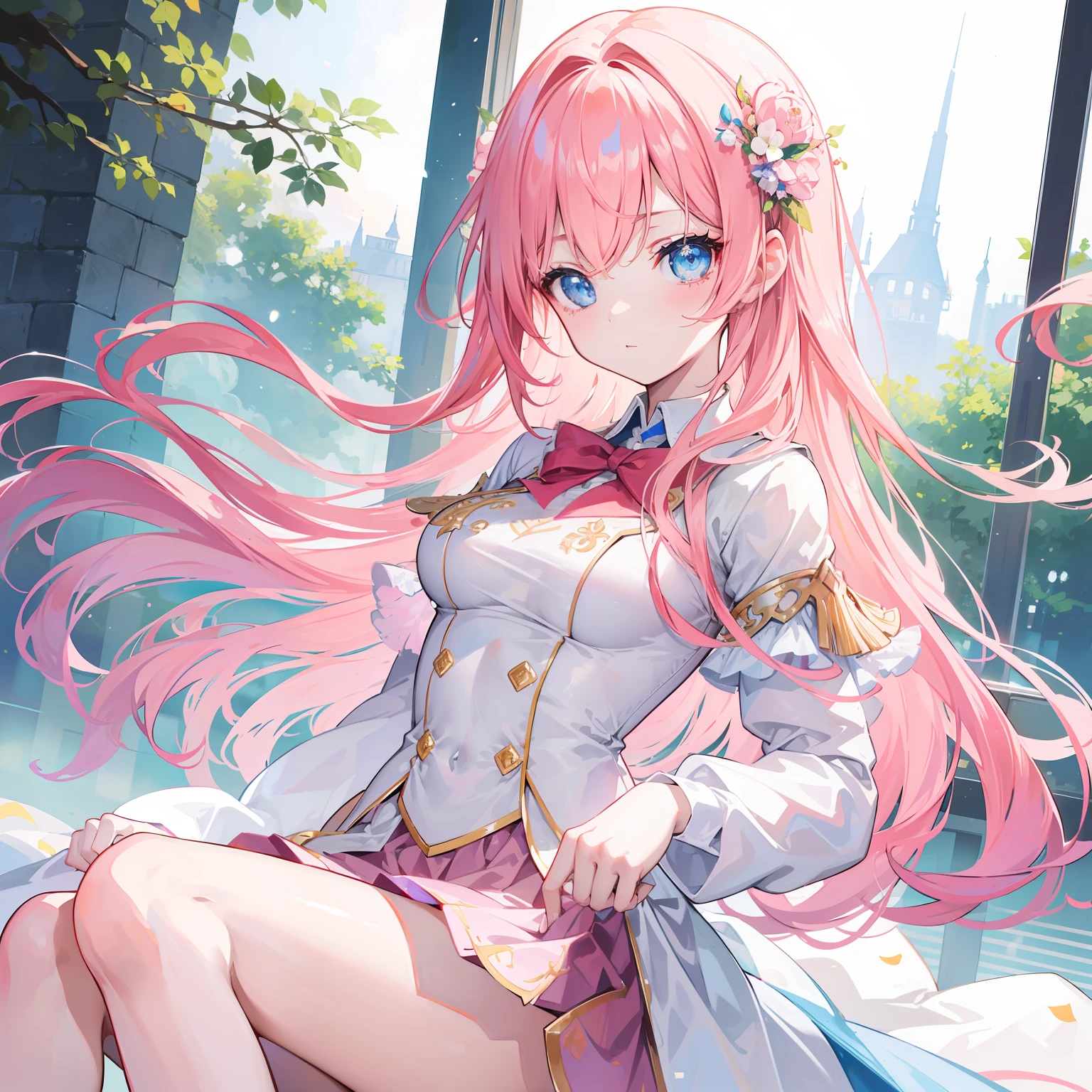 The most beautiful in the world,The brightest apricot pink hair、shinny hair、Super long silky straight hair、Beautiful bangs sparkling Borat、School uniforms、bright expression、The cutest face in the world、young and shiny white shiny skin、The most beautiful in the world,The most beautiful、ultimate beauty girl、、Sparkling crystal clear and charming light blue eyes、Very nice and lovely girl、Lush bust