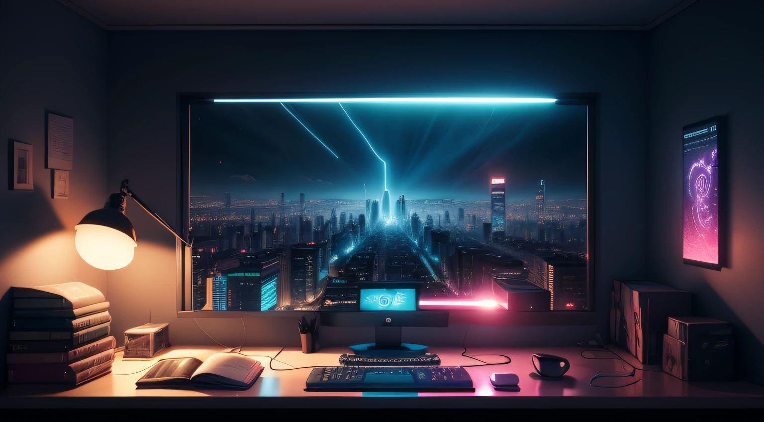 Qualidade 8k, high resolution, Landscape, quarto, mal iluminado, estilo cyberpunk, cores vibrantes,persianas abertas, lights peeking through blinds, messy bed, computador, mesa, cartazes pendurados na parede