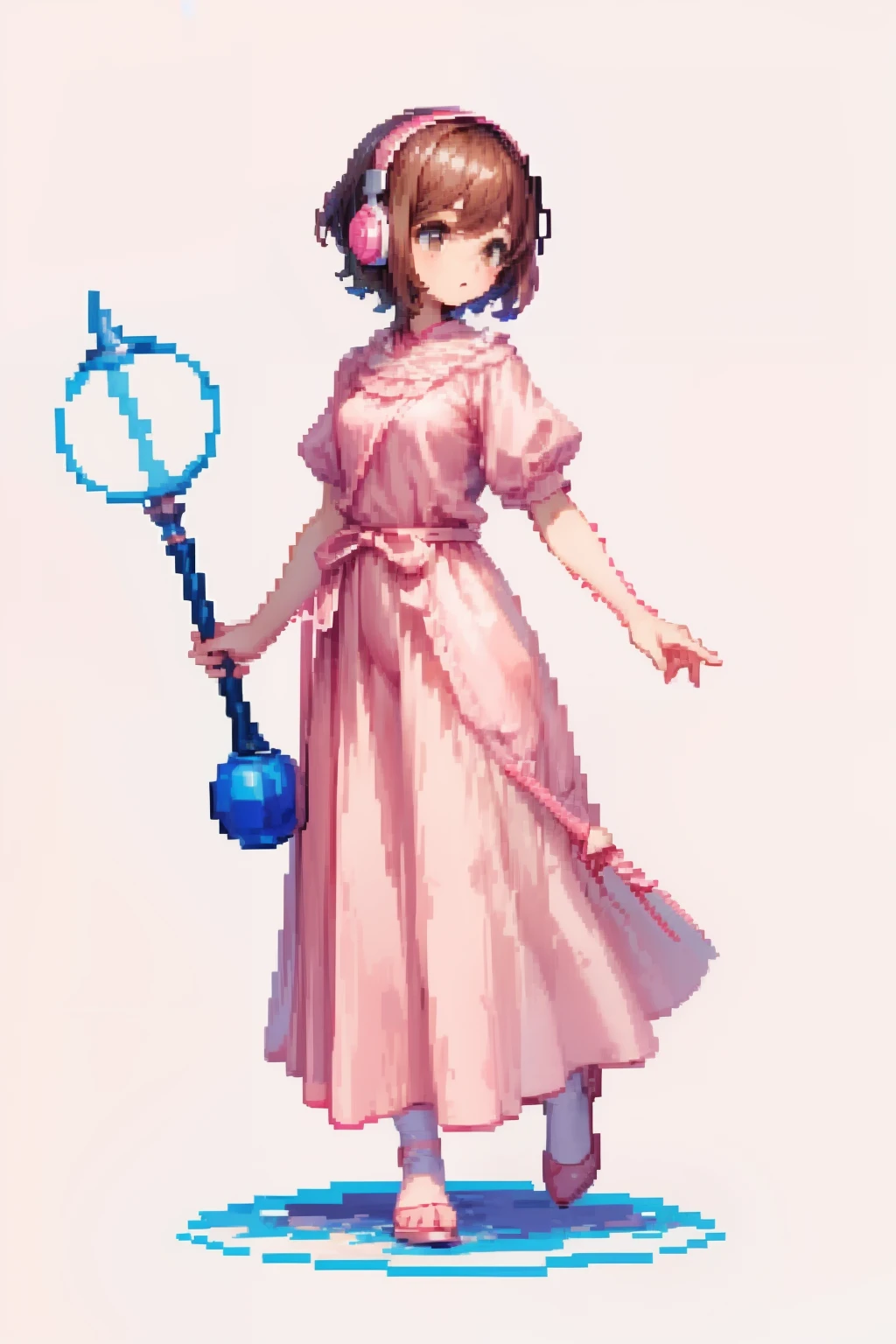 pinkcolor、Girl with headphones、short-haired、Brown hair、long  skirt、(Pixel art:1.2、pixels)simple background、Catch with your feet、Water the body、Holding a wand