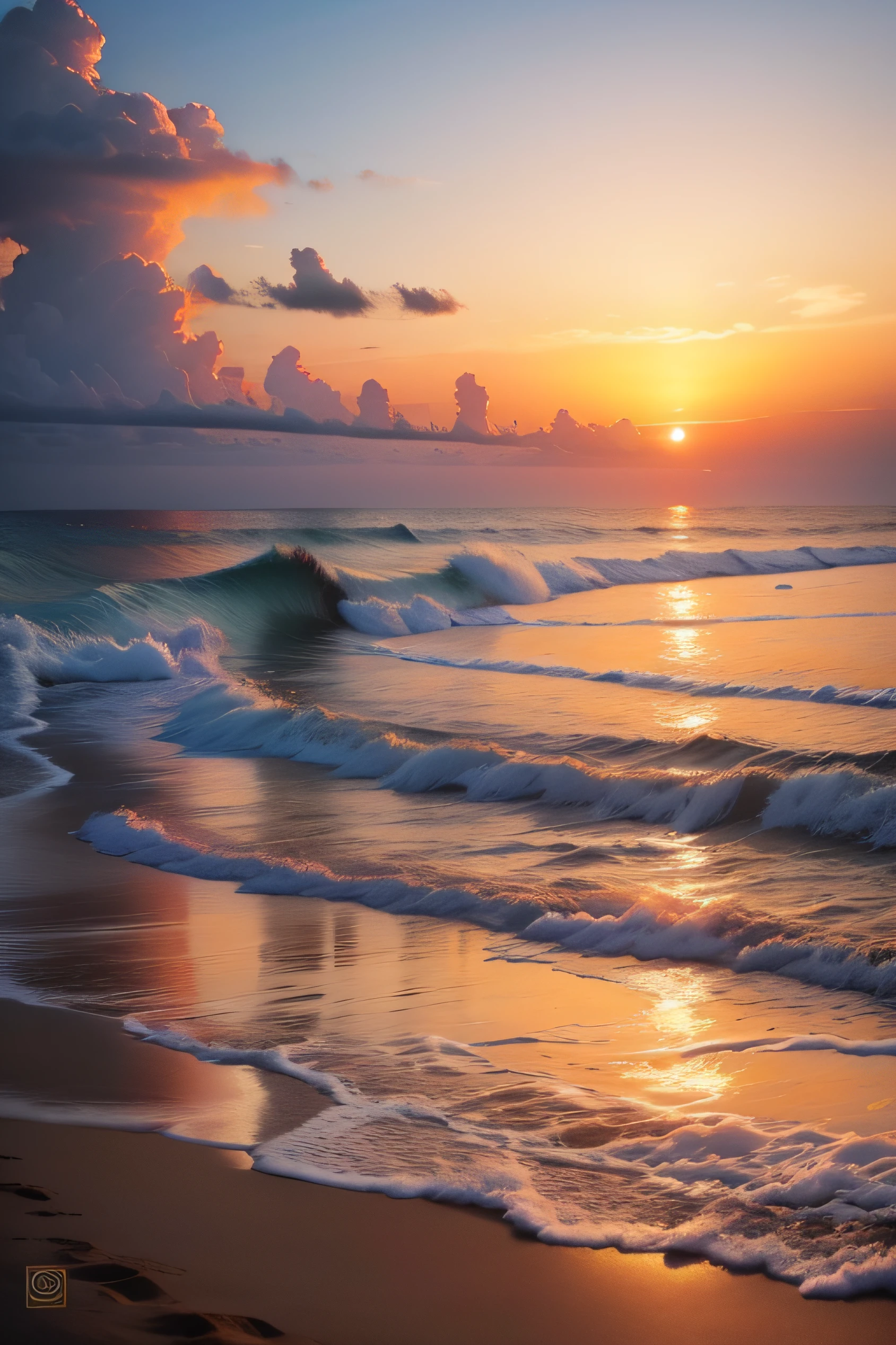 A mesmerizing sunset on the beach with oranges, pinks and yellows that fill the sky. The crystal clear waters gently envelop the coast and the sandy expanse stretches out. Seagulls soaring high into the sky and palm trees swaying gently combine to create a dynamic and breathtaking sight. Soak in the calm atmosphere and feel at peace.