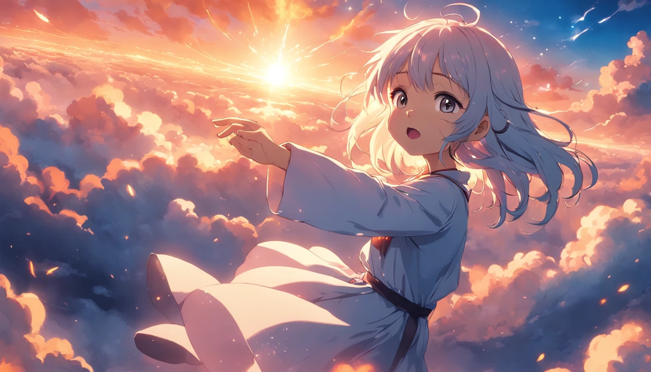 masterpiece, best quality, movie still, 1girl, cloud girl, floating in the sky, close-up, bright, happy, warm soft lighting, sunset, (sparks:0.7)