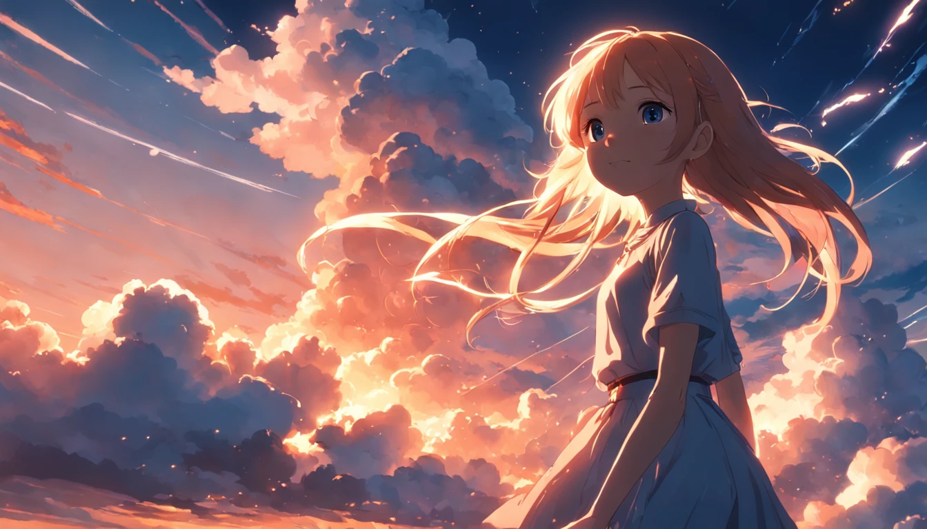 masterpiece, best quality, movie still, 1girl, cloud girl, floating in the sky, close-up, bright, happy, warm soft lighting, sunset, (sparks:0.7)