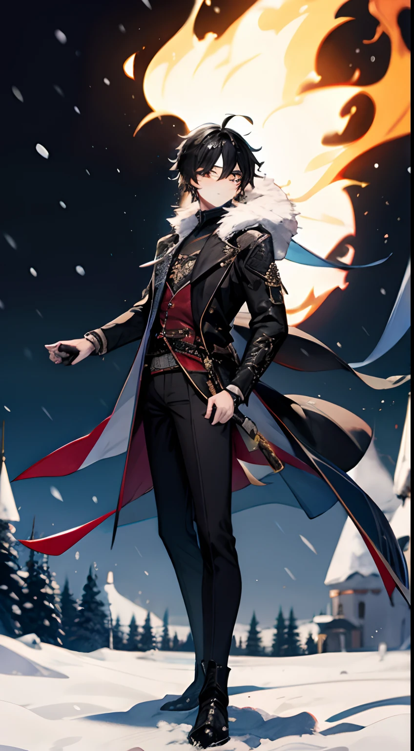 Create a full-body, highly detailed, high-resolution 16k image of a Genshin,Man,Male,Boy,Solo,Stand Alone,Winter Coat,Sword,Black Hair,Messy black hair,Genshin Impact,Fire sword,Snow,Snowy,Snow City. --AR 16:9 --V 5.1 --Style raw --Q 2 --S 750
